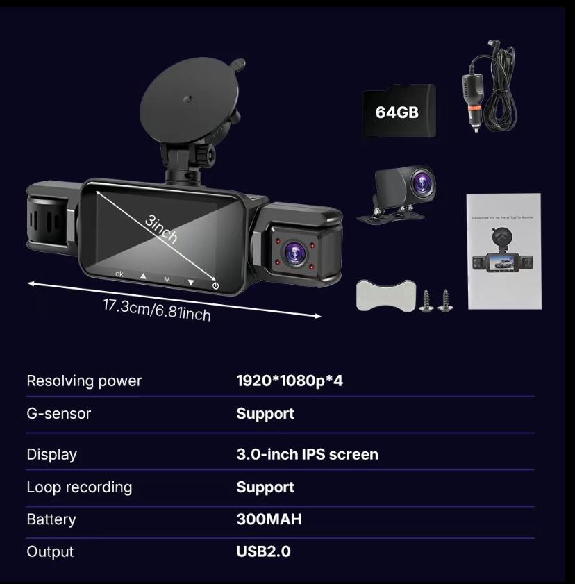 4 Channel Dash Cam with 360&deg; Surround View  Includes FREE OBD Cable for 24/7 Parking Monitor  4 Lens Front Rear Inside Left Right Recording   3" Display, Built-in WiFi, 64GB Card  Clear Night Vision, HDR，Automotive Driving Recorder