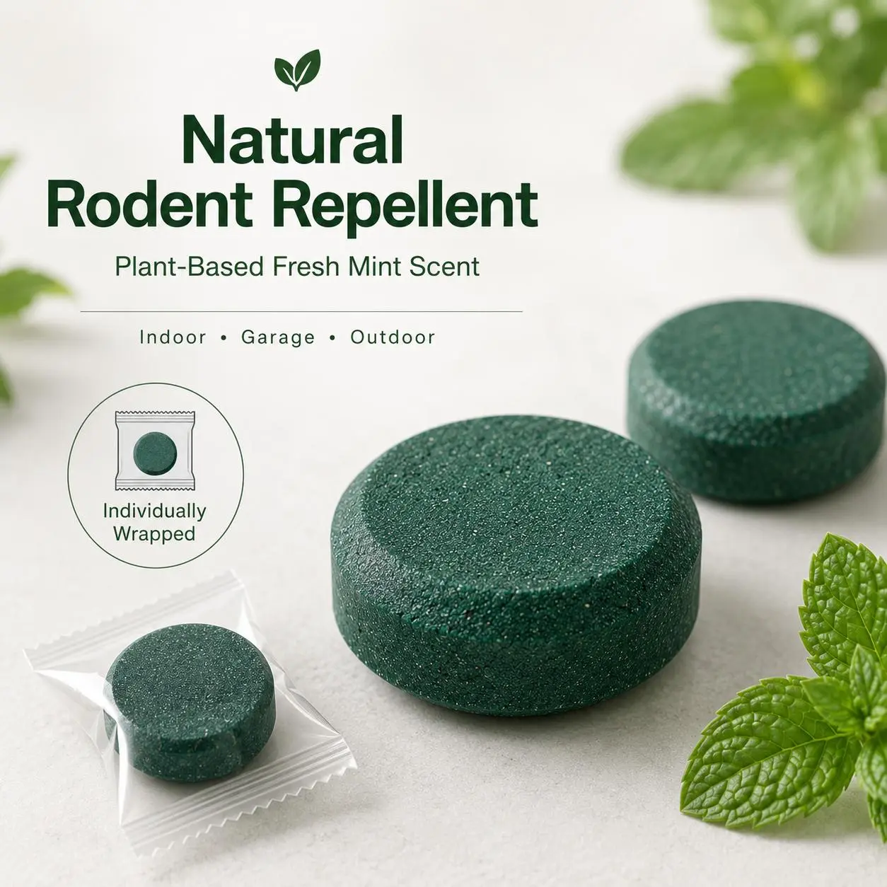 Natural Rodent Repellent Tablets, Plant-Based Fresh Mint Scent Mouse & Rat Deterrent for Outdoor and outdoor, Garage, Car, RV, Storage & Outdoor Use, 12 Pack