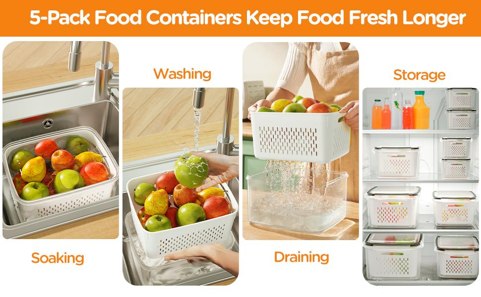 5 Pack Fridge Organizers and Storage - Stackable Fruit Storage Containers for Fridge with Removable Colander, BPA-Free Food Storage Container for Salad Berry Lettuce Vegetables Meat Keeper Fresh