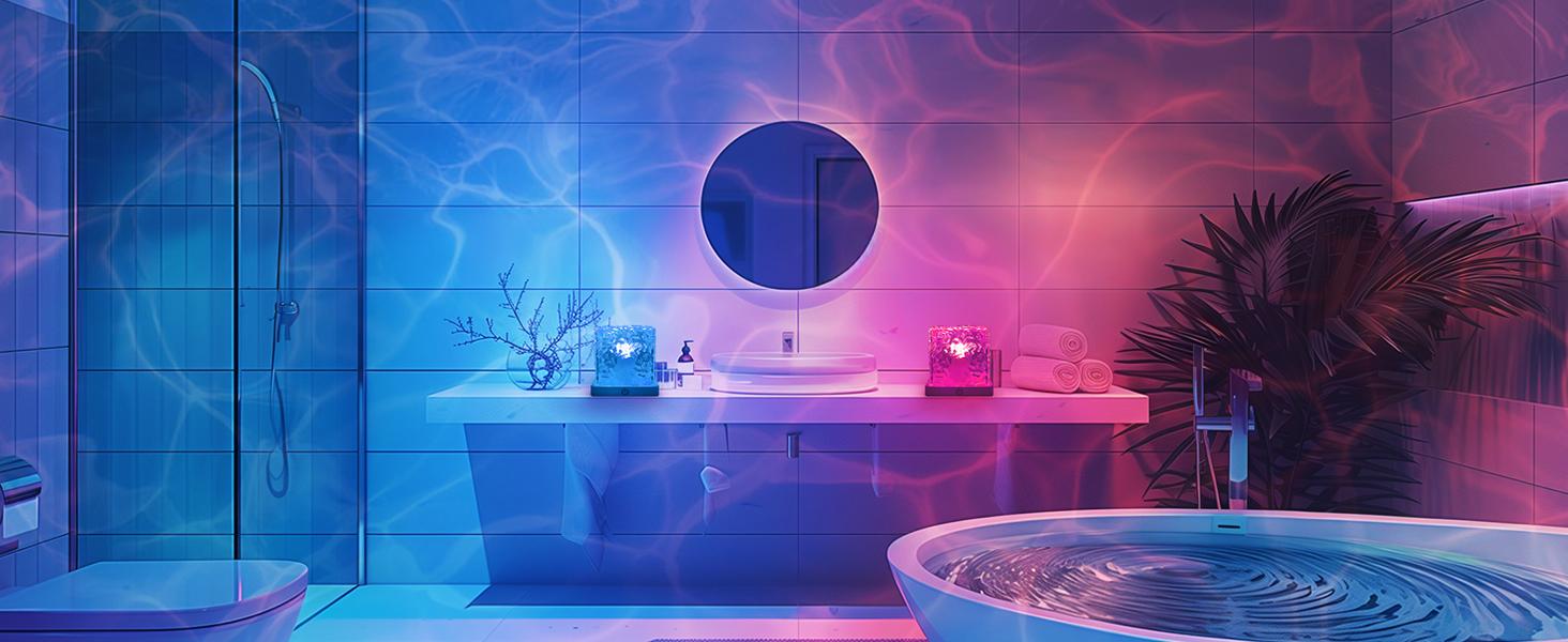 Rechargeable Shower Light No Wiring, 16 Color Changeable Ocean Wave Projector Light, Dimmable Waterproof Shower Lamp with Remote, Rotating Flame Water Ripple Lamp for Shower, Bathroom, Bedroom Decor