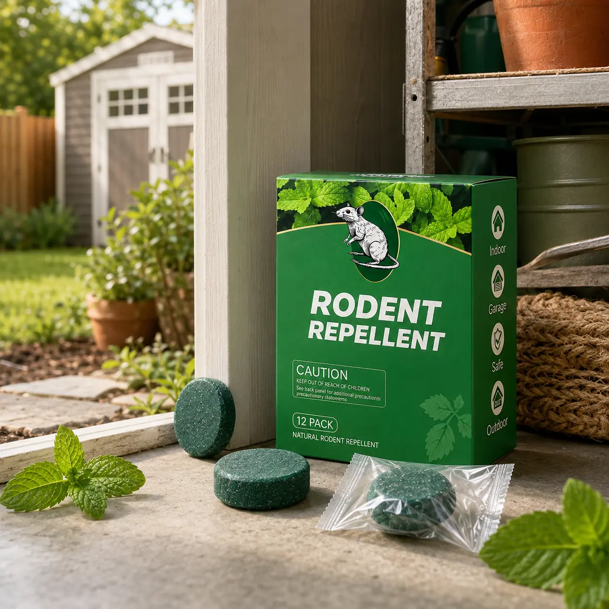 Natural Rodent Repellent Tablets, Plant-Based Fresh Mint Scent Mouse & Rat Deterrent for Outdoor and outdoor, Garage, Car, RV, Storage & Outdoor Use, 12 Pack