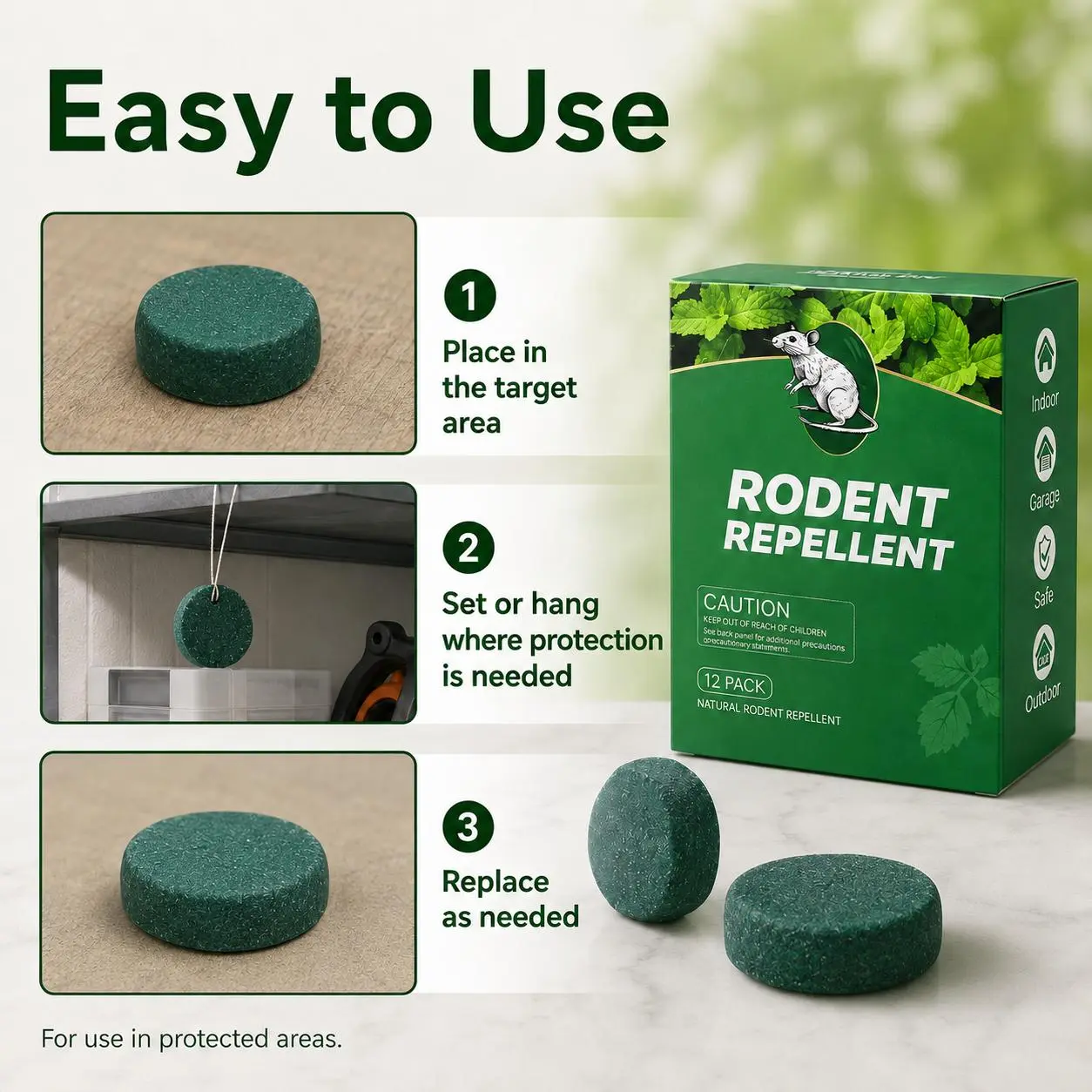 Natural Rodent Repellent Tablets, Plant-Based Fresh Mint Scent Mouse & Rat Deterrent for Outdoor and outdoor, Garage, Car, RV, Storage & Outdoor Use, 12 Pack