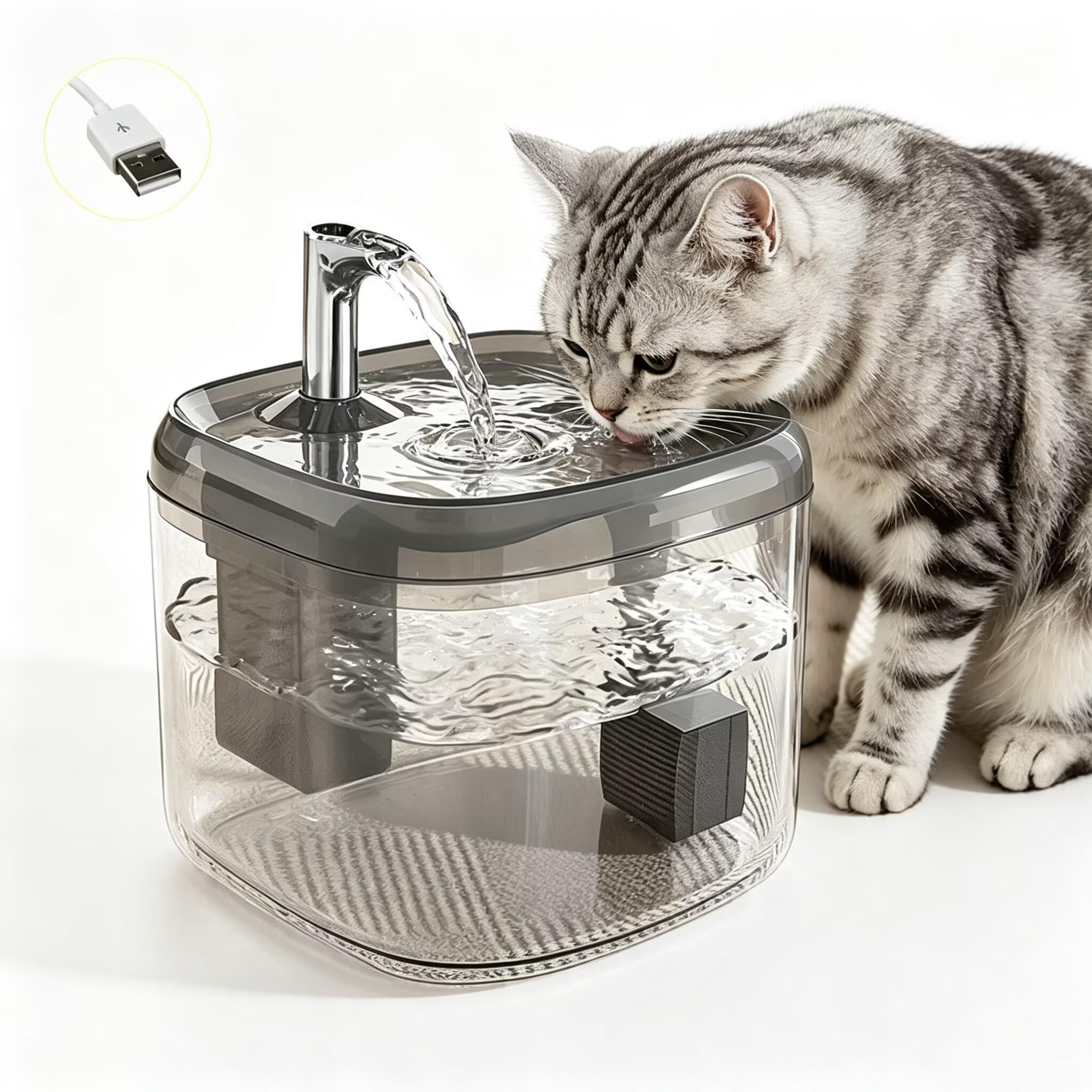 1.5L USB Cat Water Fountain, Automatic Pet Drinking Dispenser with Filter, Transparent Gray Circulating Fresh Water Bowl for Cats & Small Dogs