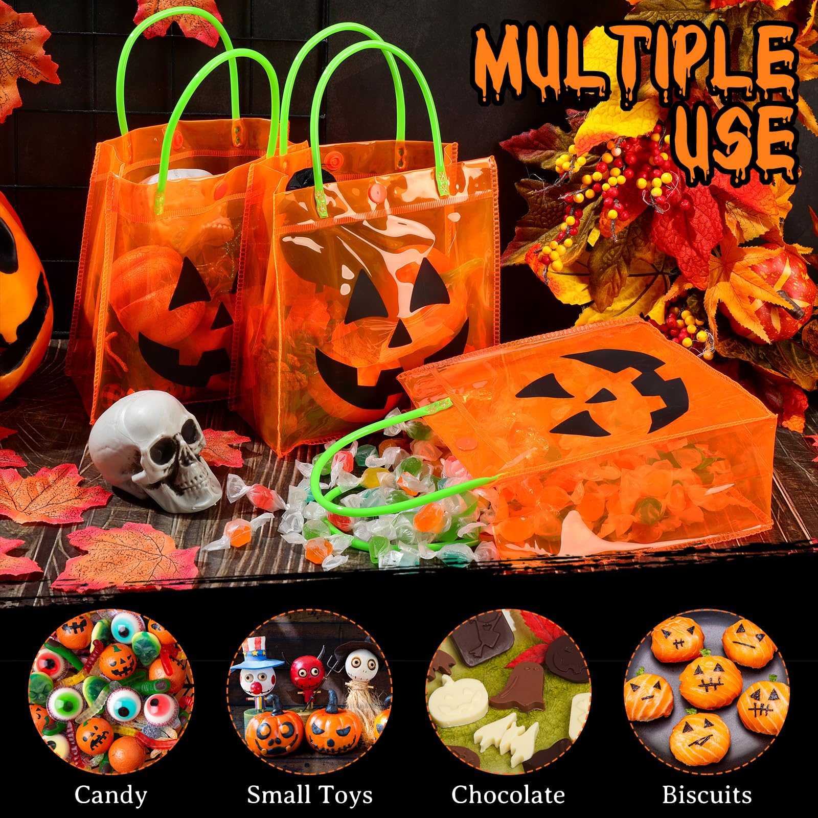 12/24 Pcs Halloween Candy Bags with Handles PVC Treat Bags Bulk Pumpkin Ghost Black Cat Halloween Fall Pattern for Kids Adults Neighbors Coworkers Classmates Halloween Party Summerween Birthday Party Thanksgiving Dinner Autumn Harvest Party Favors