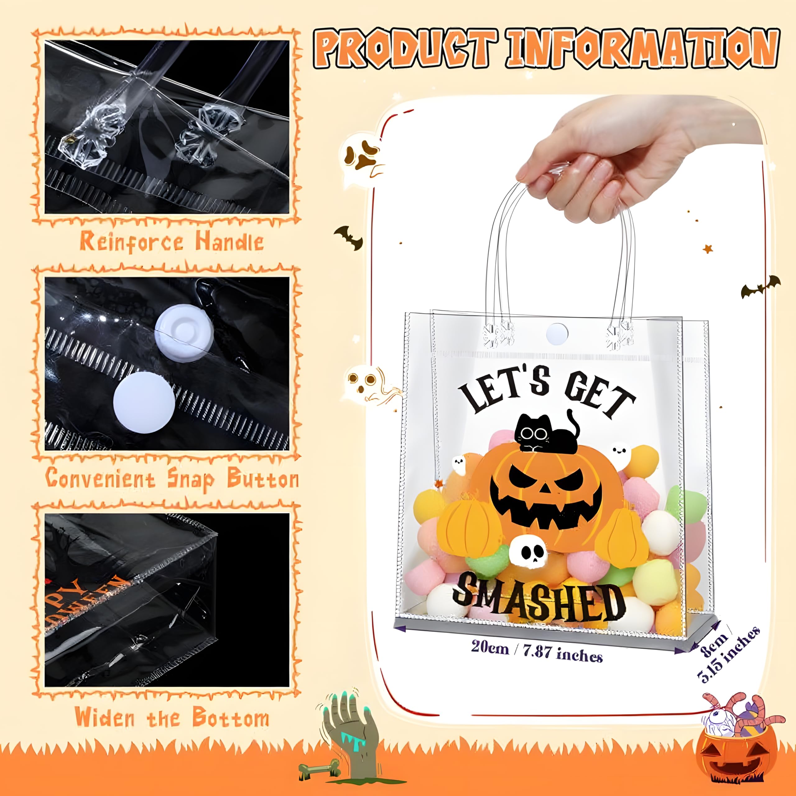 12/24 Pcs Halloween Candy Bags with Handles PVC Treat Bags Bulk Pumpkin Ghost Black Cat Halloween Fall Pattern for Kids Adults Neighbors Coworkers Classmates Halloween Party Summerween Birthday Party Thanksgiving Dinner Autumn Harvest Party Favors