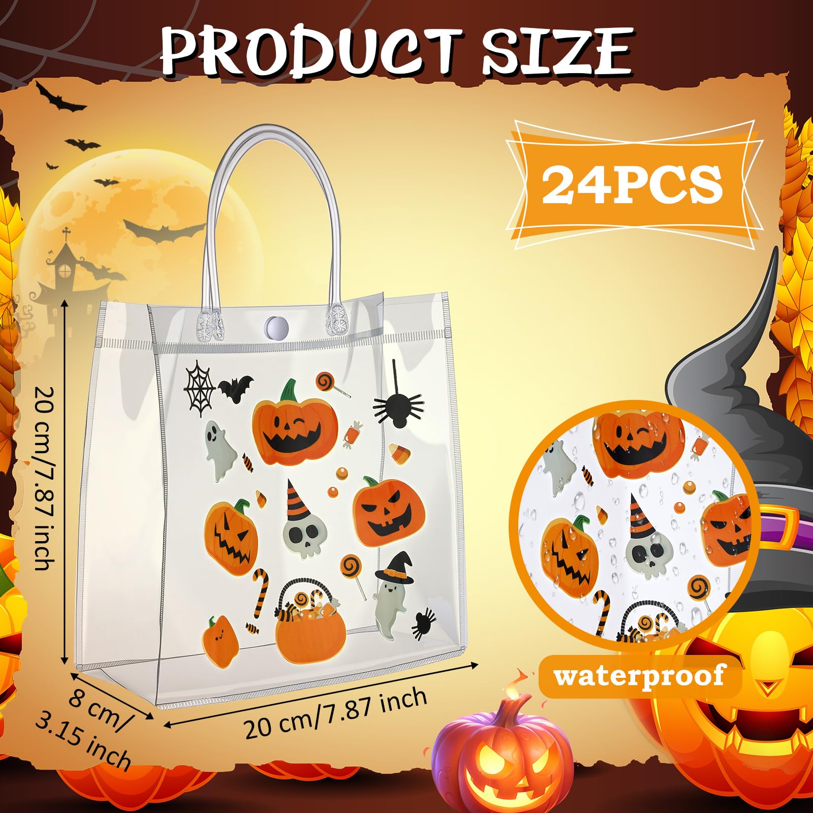 12/24 Pcs Halloween Candy Bags with Handles PVC Treat Bags Bulk Pumpkin Ghost Black Cat Halloween Fall Pattern for Kids Adults Neighbors Coworkers Classmates Halloween Party Summerween Birthday Party Thanksgiving Dinner Autumn Harvest Party Favors