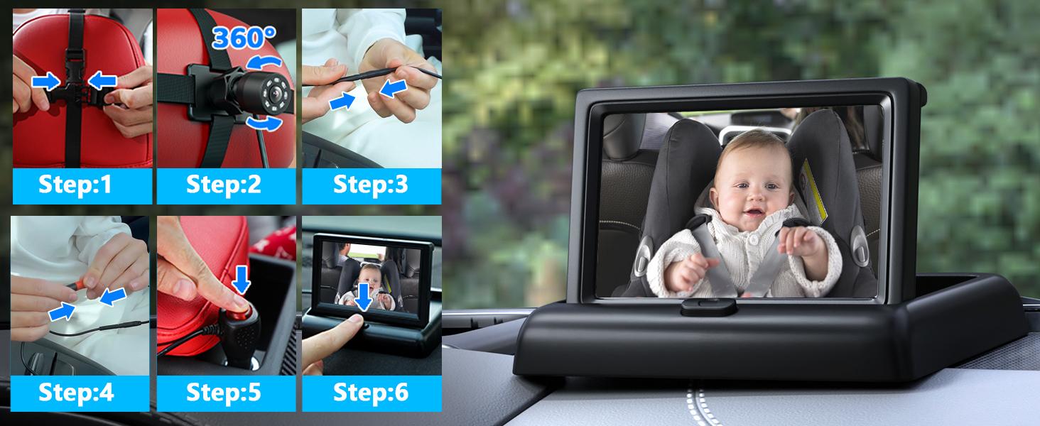 Car Mirror, Baby Car Camera for Moms, Upgrade 4.3'' HD 1080P Monitor, Night Vision, Safety Car Seat Camera with Wide Crystal Clear View, 360&deg; Rotation Plug and Play Easy Install Portable Baby Monitor for Car, New Moms Gift, Summervibes