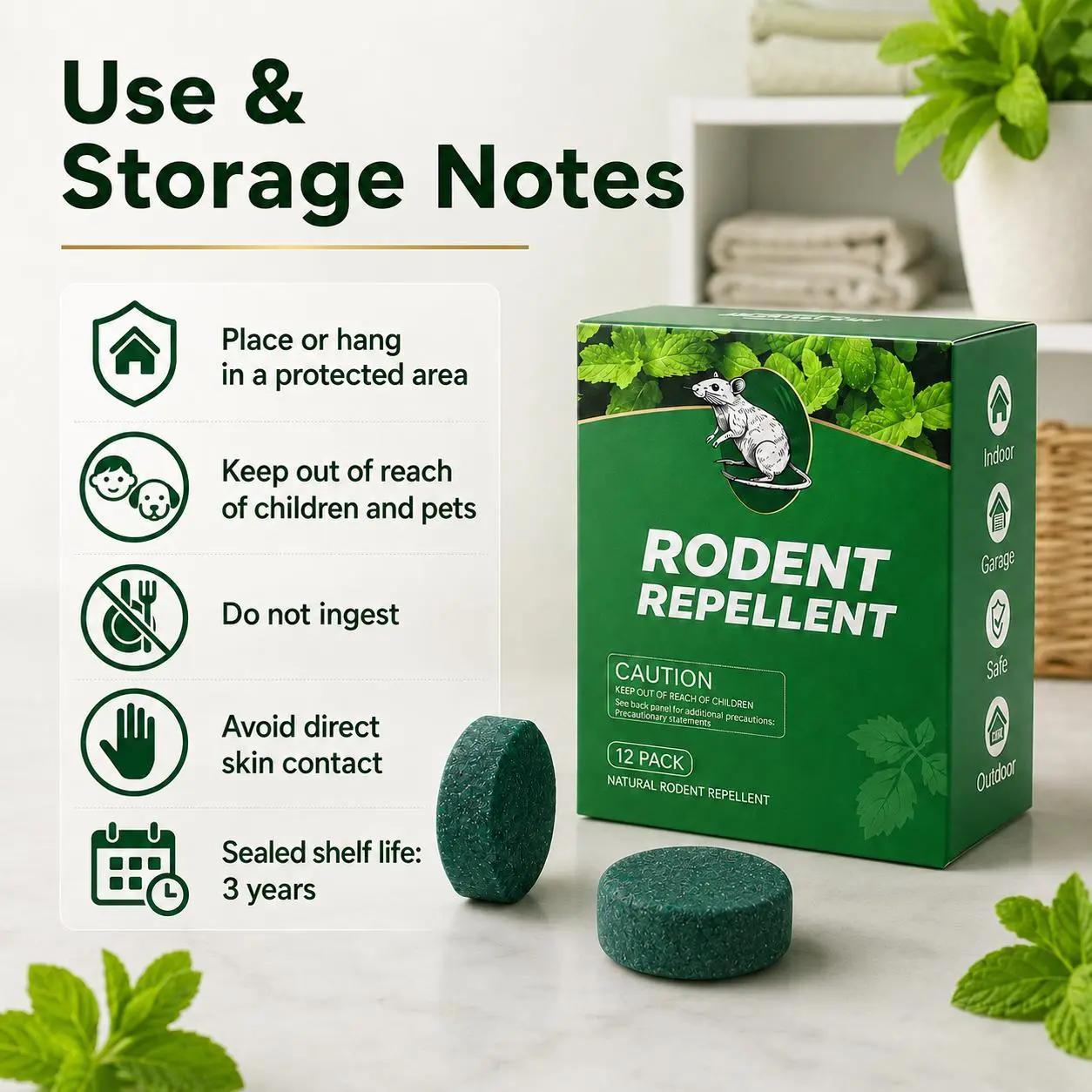Natural Rodent Repellent Tablets, Plant-Based Fresh Mint Scent Mouse & Rat Deterrent for Outdoor and outdoor, Garage, Car, RV, Storage & Outdoor Use, 12 Pack