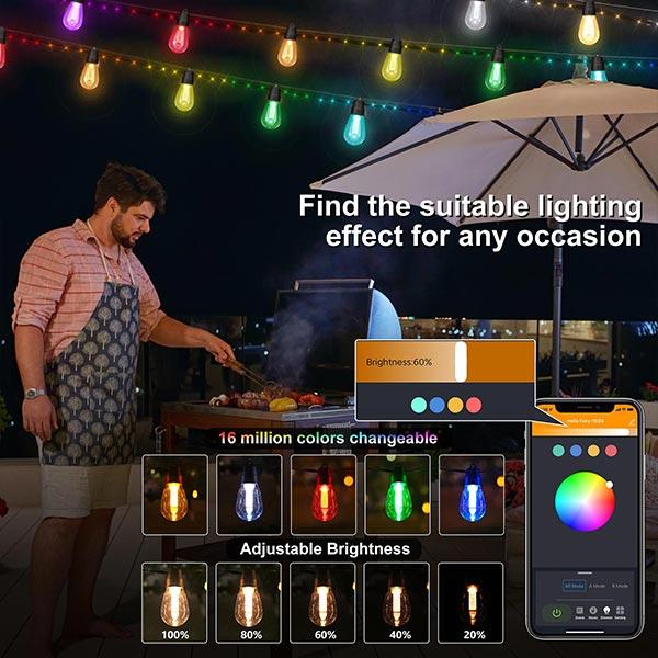 FLACCHI Smart Outdoor S14 String Lights - 46ft Waterproof Shatterproof Bluetooth APP Remote Control Dimmable RGB & Warm White Decorative Lights, Patio Decor Party Mood Halloween Home Improvement Gadgets, Party Lights, Mood Lighting