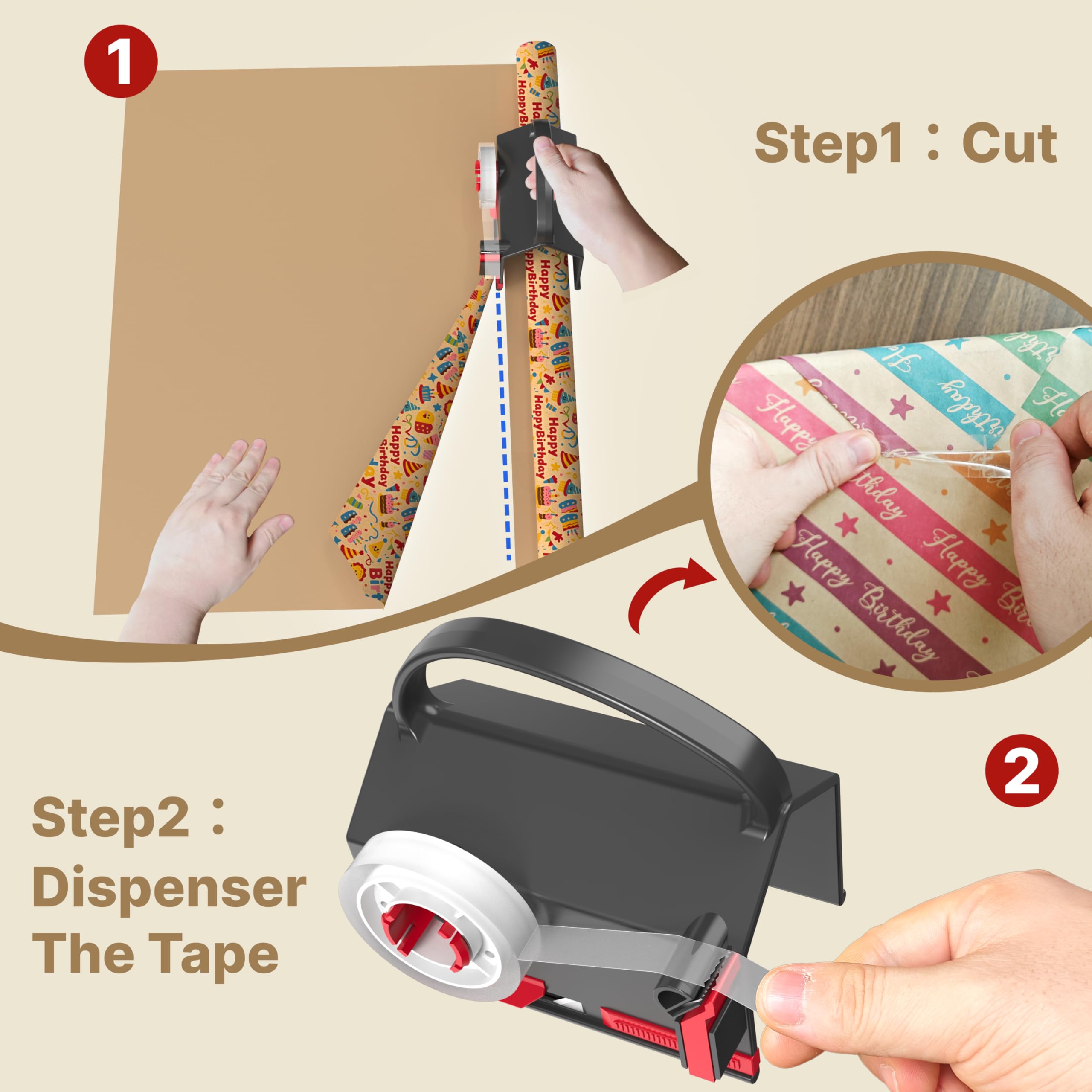 DHG 2 Pack Dual-Use Wrapping Paper Cutter & Tape Dispenser Kit, Includes 4 Rolls Tape & 2 Replacement Blades, Sliding Roll Slicer Holder for Christmas Kraft Cellophane Paper, Home Office Classroom Birthday Gift Cutting Supplies