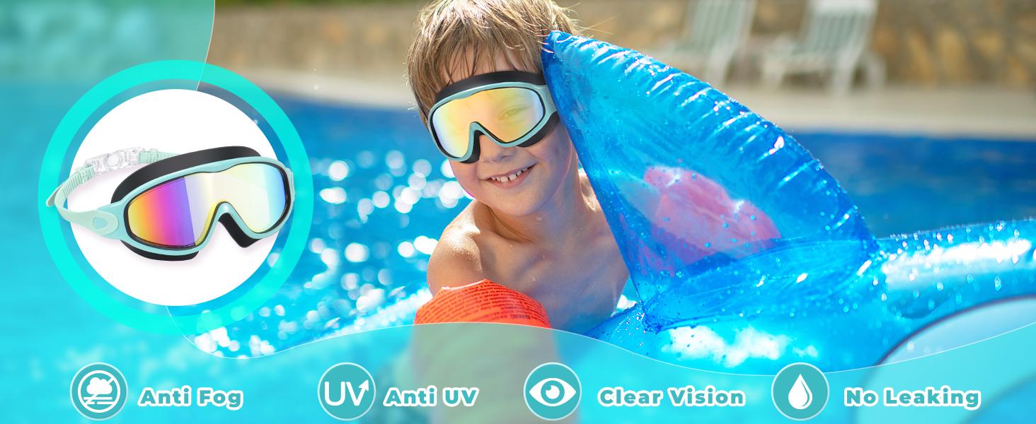 MARISUN 2 Pack Kids Swim Goggles for 3-15+ UV Protection Anti-Fog High Definition Waterproof Adjustable Goggles for Boys and Girls - Safety anti-uv swimming goggles swim glass anti-fog with Earplugs & Nose Clip,for Lake,Beach, Summer Party