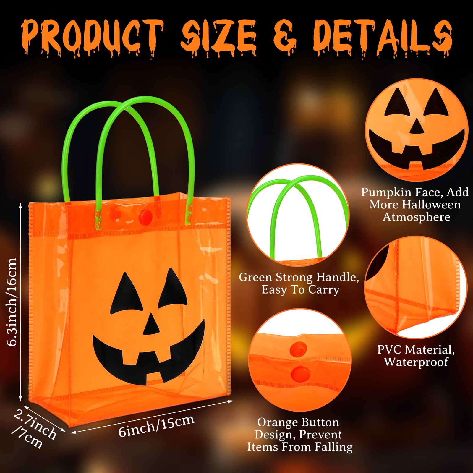 12/24 Pcs Halloween Candy Bags with Handles PVC Treat Bags Bulk Pumpkin Ghost Black Cat Halloween Fall Pattern for Kids Adults Neighbors Coworkers Classmates Halloween Party Summerween Birthday Party Thanksgiving Dinner Autumn Harvest Party Favors
