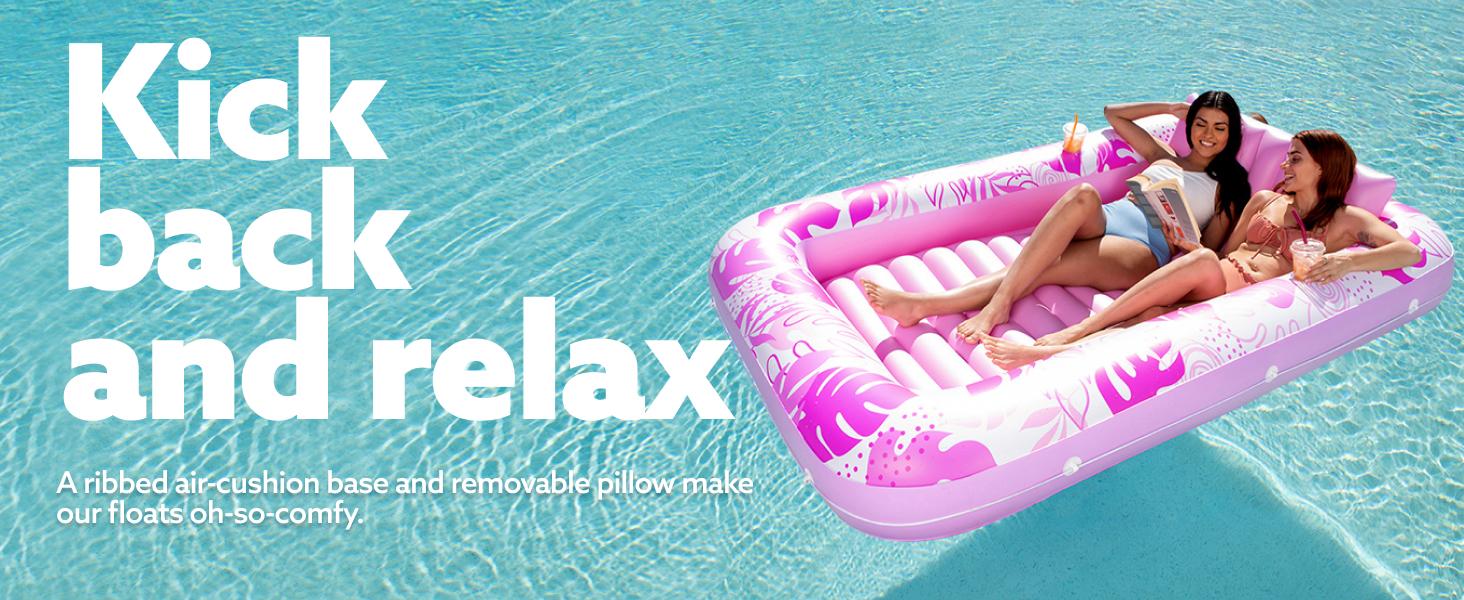 Sloosh-L/XL Inflatable Tanning Pool Lounge Float With Cup Holder, 70&ldquo;X46&rdquo;/85&Prime; x 57&Prime; Extra Large Pool Floats Adult with Pillow, 4 in 1 Suntan Tub Raft Floatie, Sunbathing Bed Lounge for Water Blow Up Kids Ball Pit Party Gifts, inflatable Sofa Summervibes