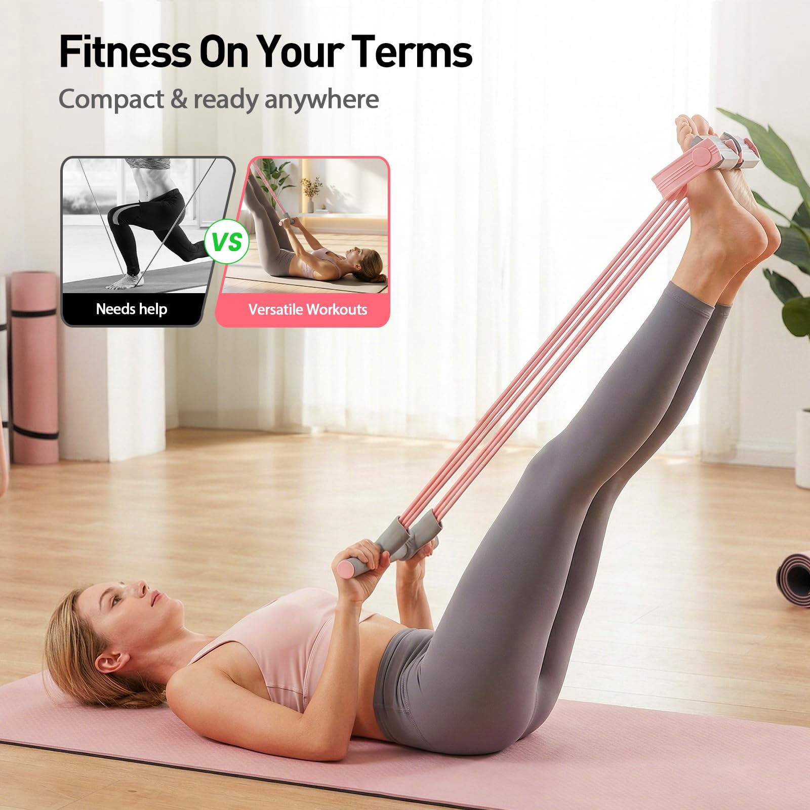 Multifunction Tension Rope, 6 Strand Heavy Duty Abdominal Crunch, Pedal Resistance Band with Handles, Natural Rubber for Abdomen Waist Arm Leg