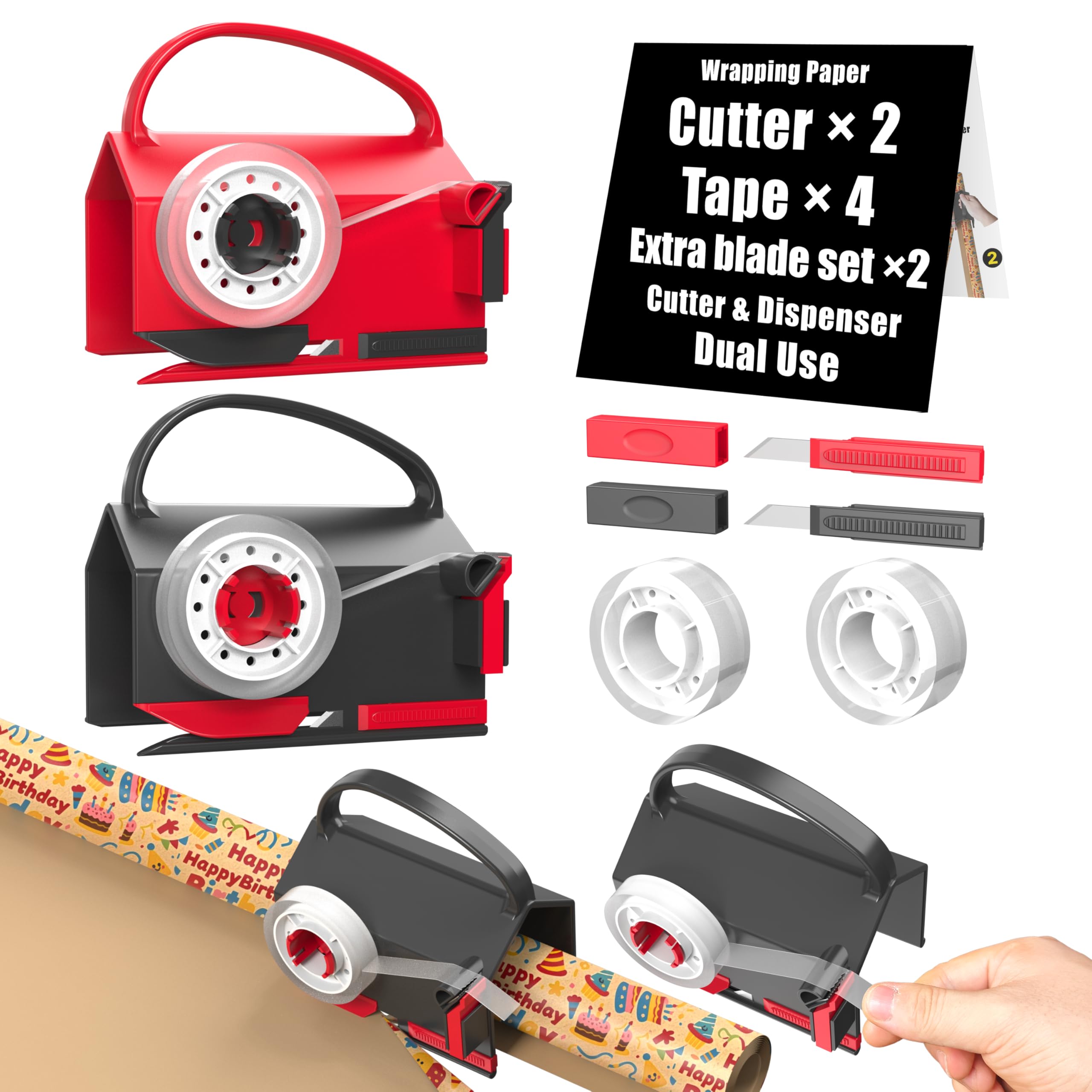 DHG 2 Pack Dual-Use Wrapping Paper Cutter & Tape Dispenser Kit, Includes 4 Rolls Tape & 2 Replacement Blades, Sliding Roll Slicer Holder for Christmas Kraft Cellophane Paper, Home Office Classroom Birthday Gift Cutting Supplies