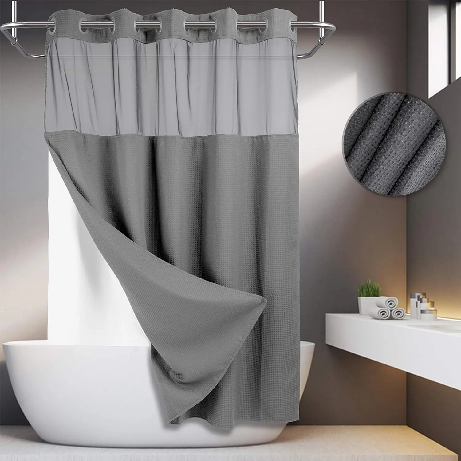 Grey No Hook Shower Curtain with Snap in Liner