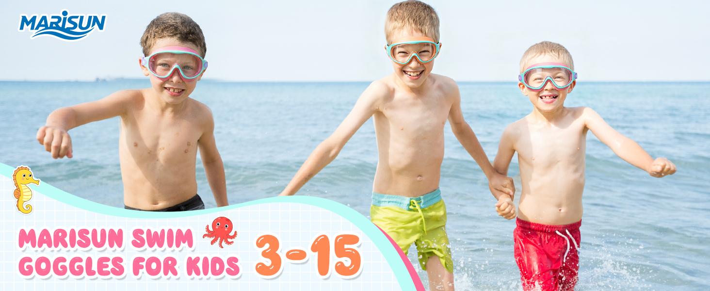 MARISUN 2 Pack Kids Swim Goggles for 3-15+ UV Protection Anti-Fog High Definition Waterproof Adjustable Goggles for Boys and Girls - Safety anti-uv swimming goggles swim glass anti-fog with Earplugs & Nose Clip,for Lake,Beach, Summer Party