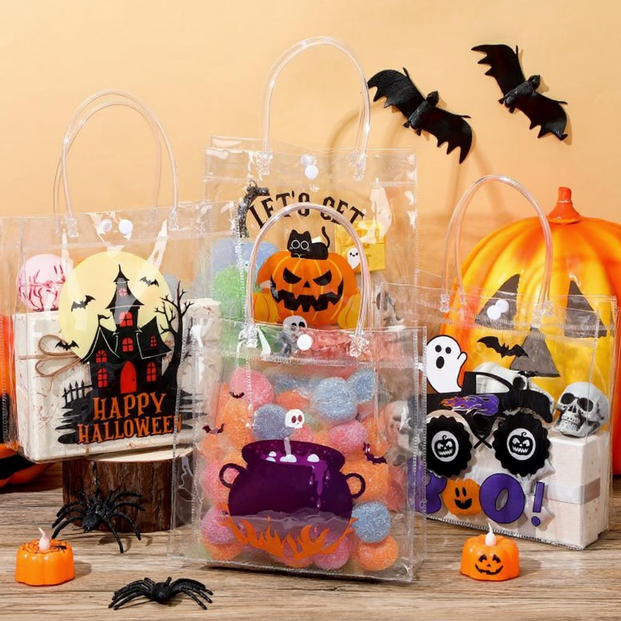 12/24 Pcs Halloween Candy Bags with Handles PVC Treat Bags Bulk Pumpkin Ghost Black Cat Halloween Fall Pattern for Kids Adults Neighbors Coworkers Classmates Halloween Party Summerween Birthday Party Thanksgiving Dinner Autumn Harvest Party Favors