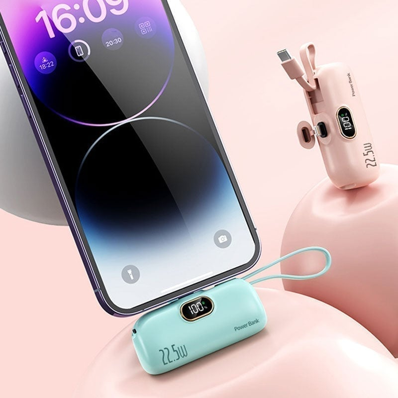 Mini Portable Power Bank Charger with Built-in USB Cable, Ultra Compact External Phone Battery Pack
