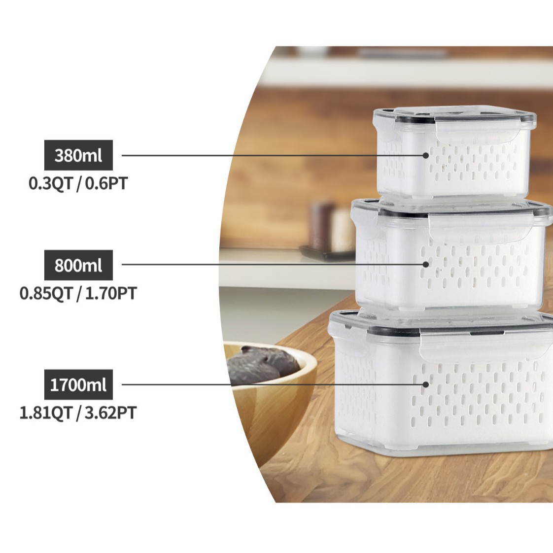 5 Pack Stackable Fridge Organizers with Removable Colander