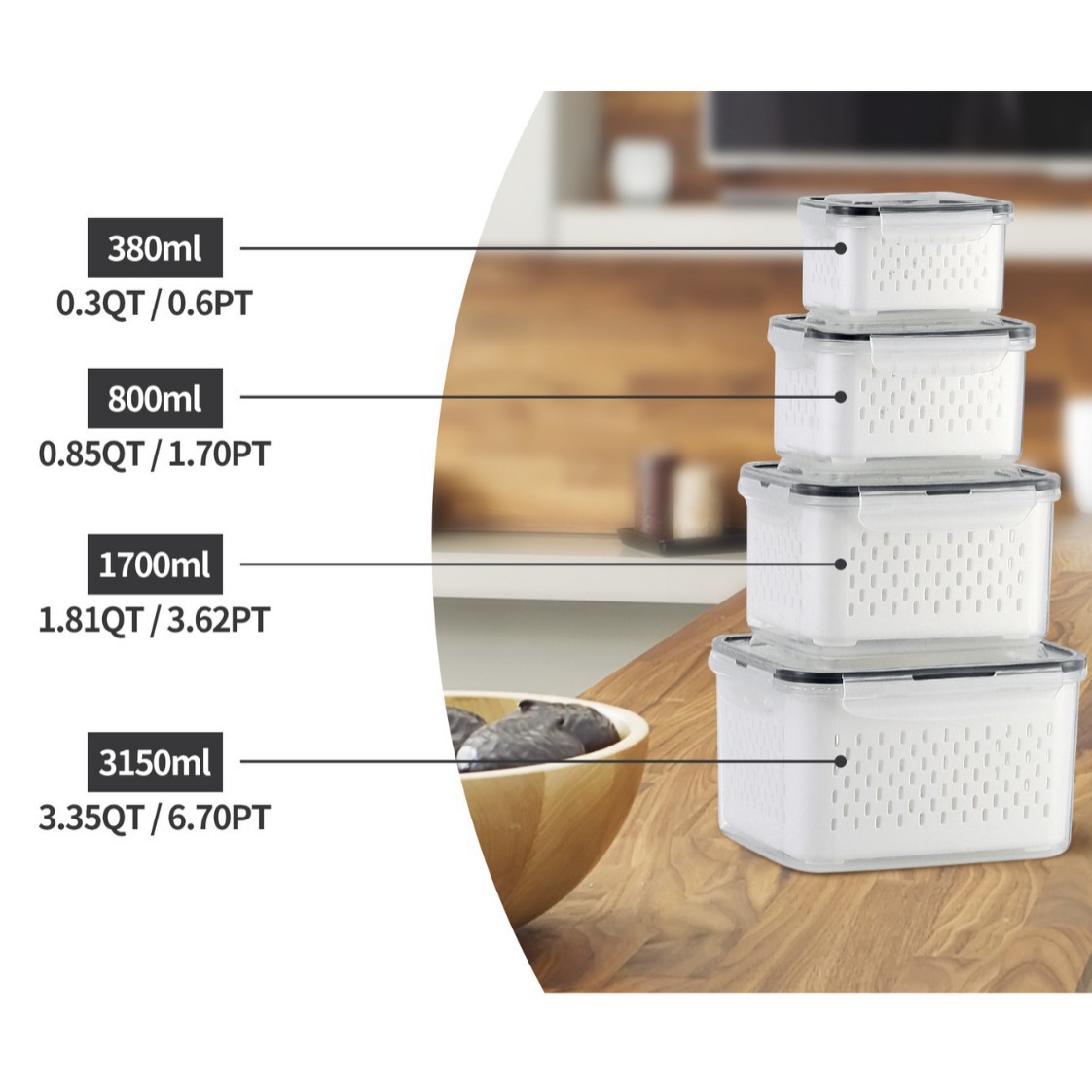 5 Pack Stackable Fridge Organizers with Removable Colander