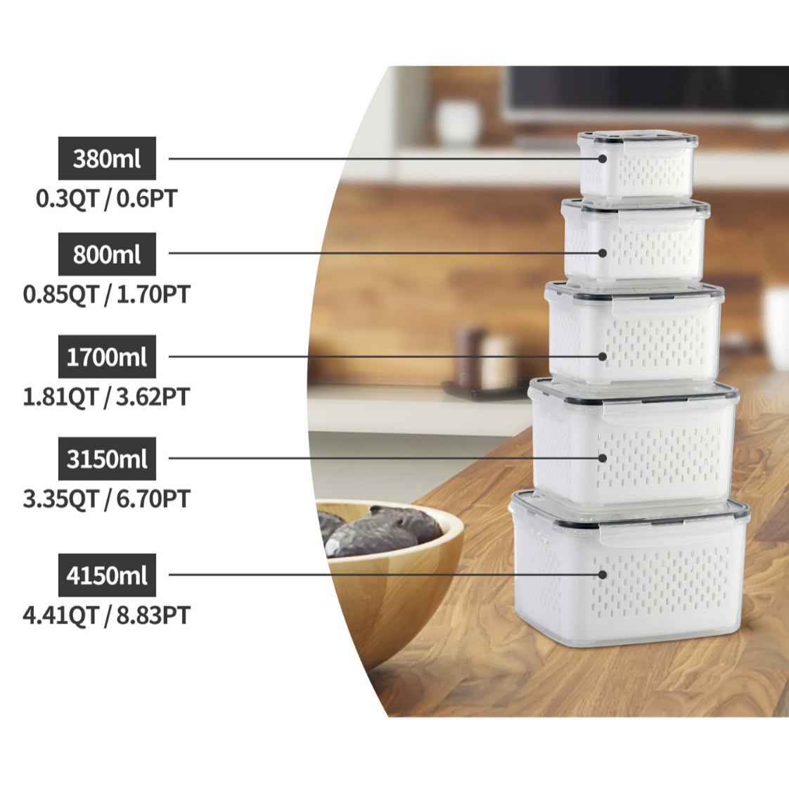 5 Pack Stackable Fridge Organizers with Removable Colander