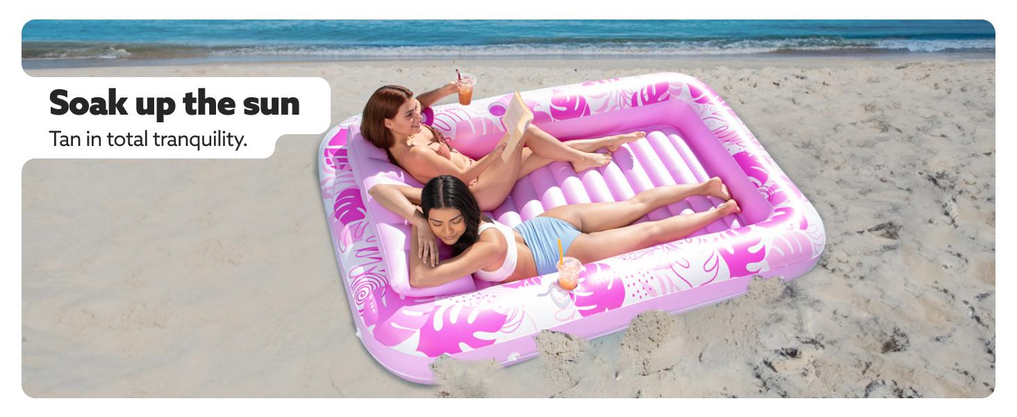 Sloosh-L/XL Inflatable Tanning Pool Lounge Float With Cup Holder, 70&ldquo;X46&rdquo;/85&Prime; x 57&Prime; Extra Large Pool Floats Adult with Pillow, 4 in 1 Suntan Tub Raft Floatie, Sunbathing Bed Lounge for Water Blow Up Kids Ball Pit Party Gifts, inflatable Sofa Summervibes