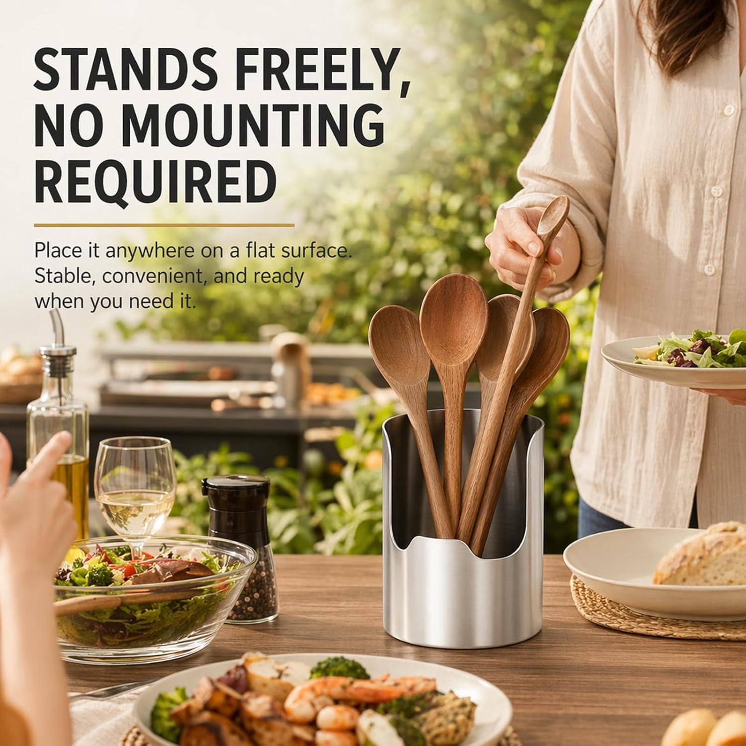 2 In1 Multi-functional Kitchen Utensil Holder, Heavy Duty Stainless Steel Pot Lid & Spoon Rack, Space-Saving Vertical Stand for Spatulas,Tongs,Ladles, Countertop Organizer,Thickened Storage Stand