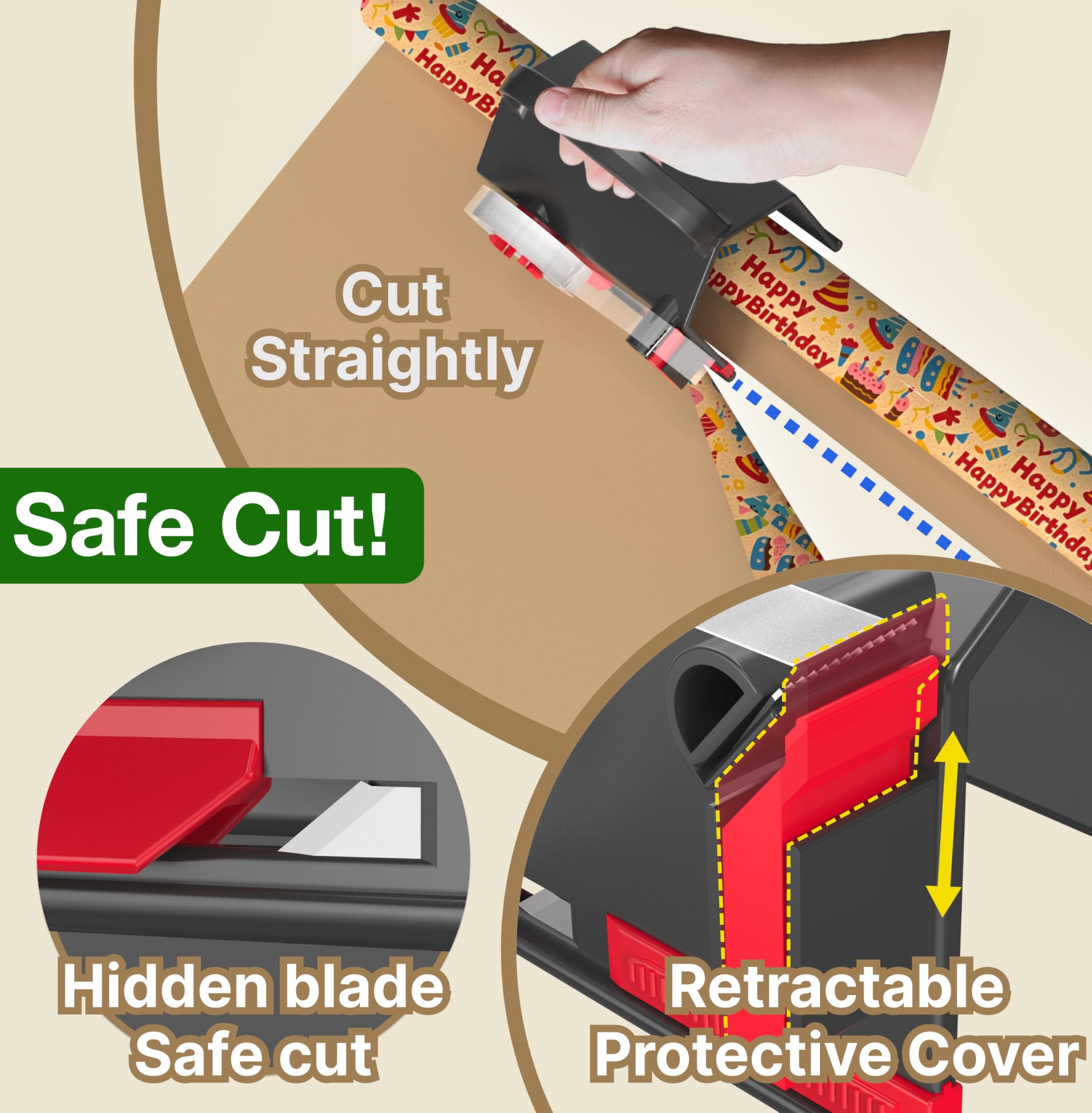 DHG 2 Pack Dual-Use Wrapping Paper Cutter & Tape Dispenser Kit, Includes 4 Rolls Tape & 2 Replacement Blades, Sliding Roll Slicer Holder for Christmas Kraft Cellophane Paper, Home Office Classroom Birthday Gift Cutting Supplies