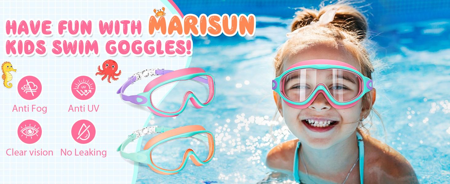 MARISUN 2 Pack Kids Swim Goggles for 3-15+ UV Protection Anti-Fog High Definition Waterproof Adjustable Goggles for Boys and Girls - Safety anti-uv swimming goggles swim glass anti-fog with Earplugs & Nose Clip,for Lake,Beach, Summer Party