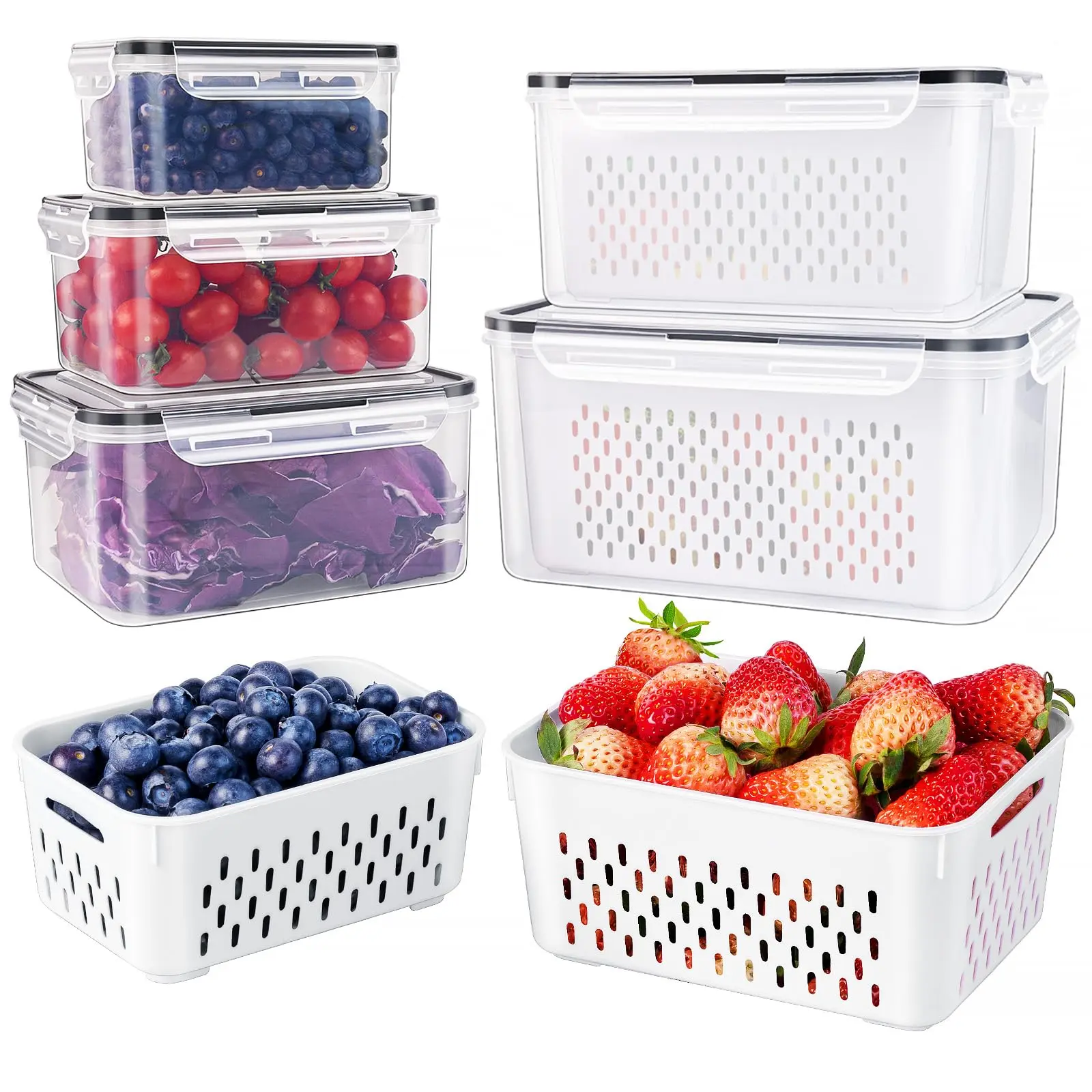 5 Pack Stackable Fridge Organizers with Removable Colander