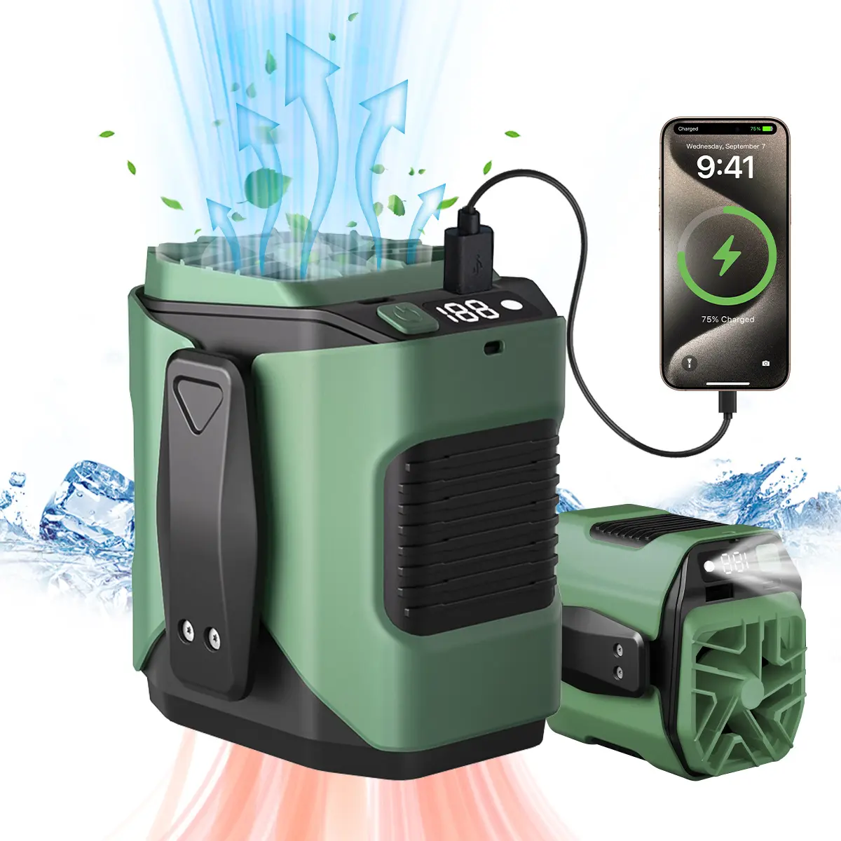 Upgrade Portable Waist Clip Fan - 10 Speeds, Rechargeable