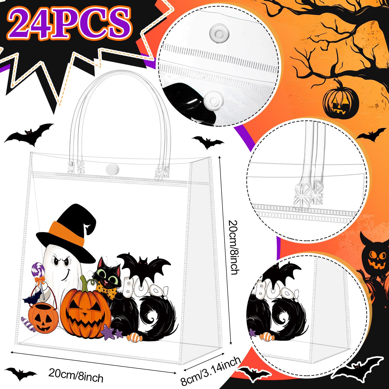 12/24 Pcs Halloween Candy Bags with Handles PVC Treat Bags Bulk Pumpkin Ghost Black Cat Halloween Fall Pattern for Kids Adults Neighbors Coworkers Classmates Halloween Party Summerween Birthday Party Thanksgiving Dinner Autumn Harvest Party Favors