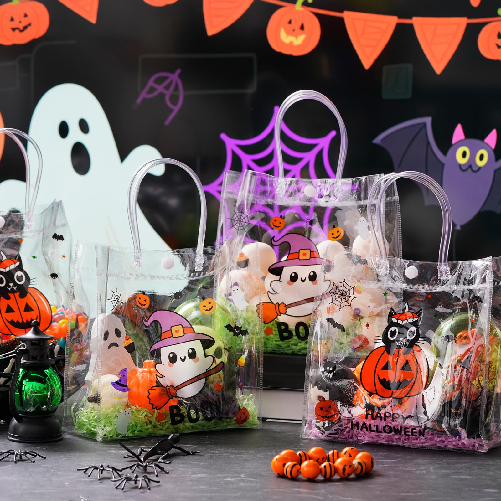 12/24 Pcs Halloween Candy Bags with Handles PVC Treat Bags Bulk Pumpkin Ghost Black Cat Halloween Fall Pattern for Kids Adults Neighbors Coworkers Classmates Halloween Party Summerween Birthday Party Thanksgiving Dinner Autumn Harvest Party Favors