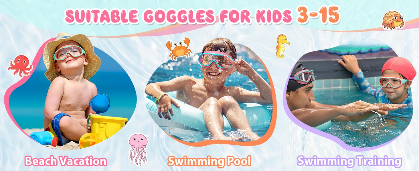 MARISUN 2 Pack Kids Swim Goggles for 3-15+ UV Protection Anti-Fog High Definition Waterproof Adjustable Goggles for Boys and Girls - Safety anti-uv swimming goggles swim glass anti-fog with Earplugs & Nose Clip,for Lake,Beach, Summer Party