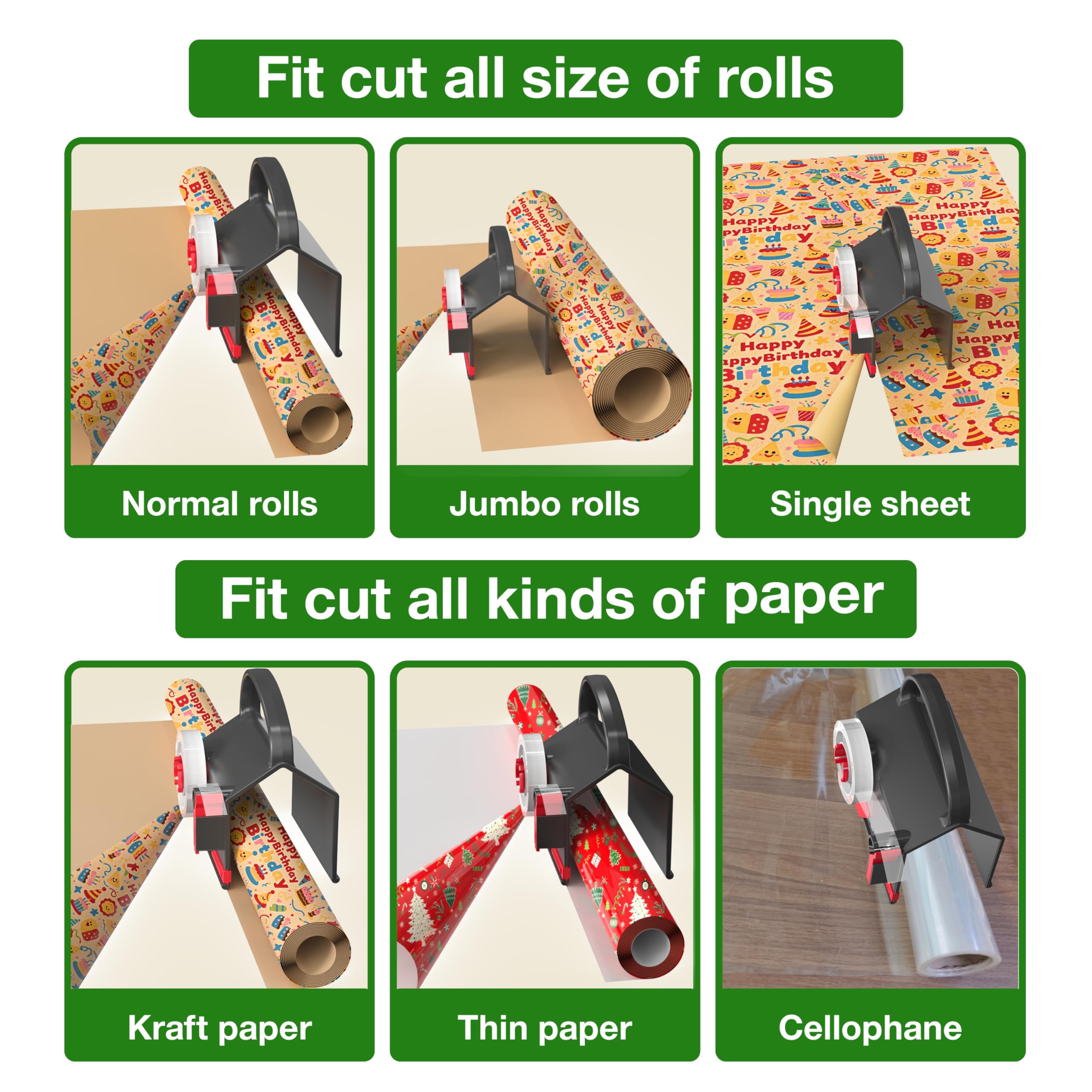 DHG 2 Pack Dual-Use Wrapping Paper Cutter & Tape Dispenser Kit, Includes 4 Rolls Tape & 2 Replacement Blades, Sliding Roll Slicer Holder for Christmas Kraft Cellophane Paper, Home Office Classroom Birthday Gift Cutting Supplies