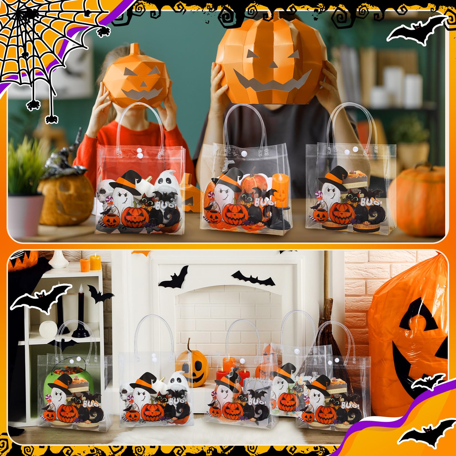12/24 Pcs Halloween Candy Bags with Handles PVC Treat Bags Bulk Pumpkin Ghost Black Cat Halloween Fall Pattern for Kids Adults Neighbors Coworkers Classmates Halloween Party Summerween Birthday Party Thanksgiving Dinner Autumn Harvest Party Favors