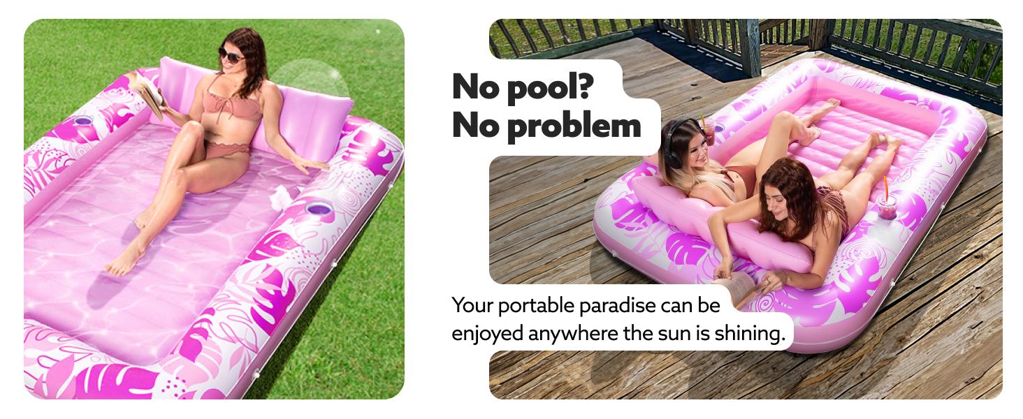 Sloosh-L/XL Inflatable Tanning Pool Lounge Float With Cup Holder, 70&ldquo;X46&rdquo;/85&Prime; x 57&Prime; Extra Large Pool Floats Adult with Pillow, 4 in 1 Suntan Tub Raft Floatie, Sunbathing Bed Lounge for Water Blow Up Kids Ball Pit Party Gifts, inflatable Sofa Summervibes