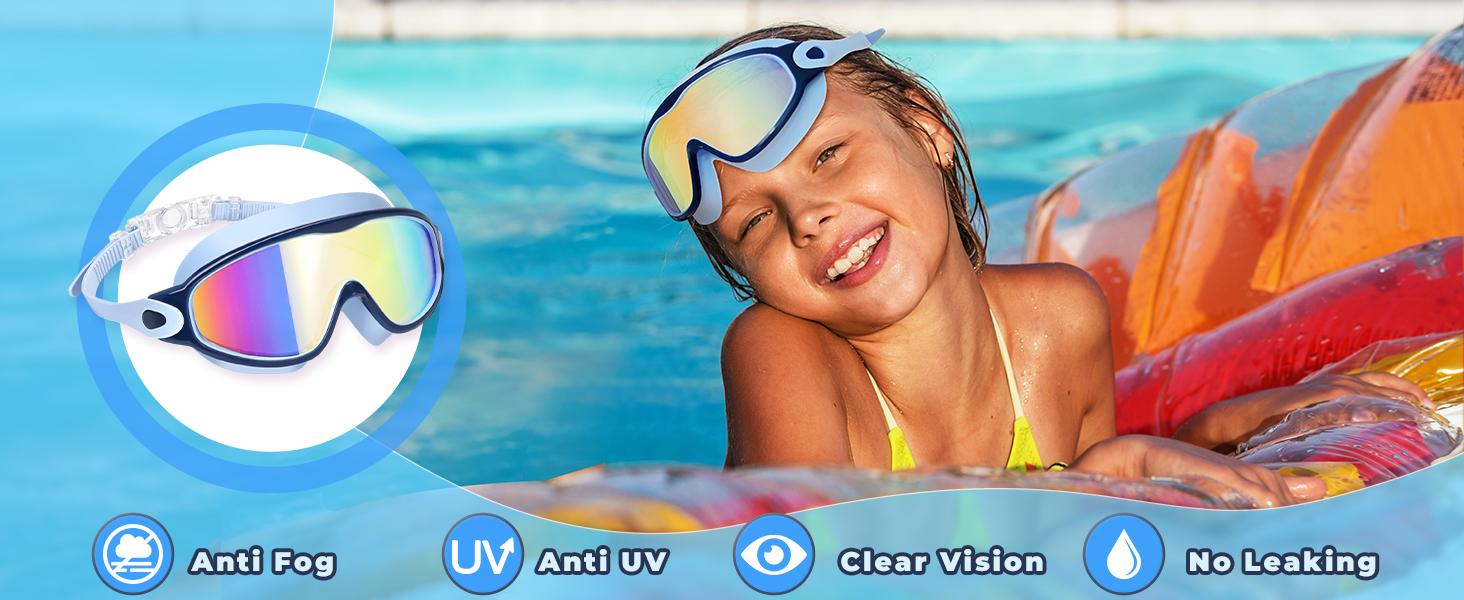 MARISUN 2 Pack Kids Swim Goggles for 3-15+ UV Protection Anti-Fog High Definition Waterproof Adjustable Goggles for Boys and Girls - Safety anti-uv swimming goggles swim glass anti-fog with Earplugs & Nose Clip,for Lake,Beach, Summer Party