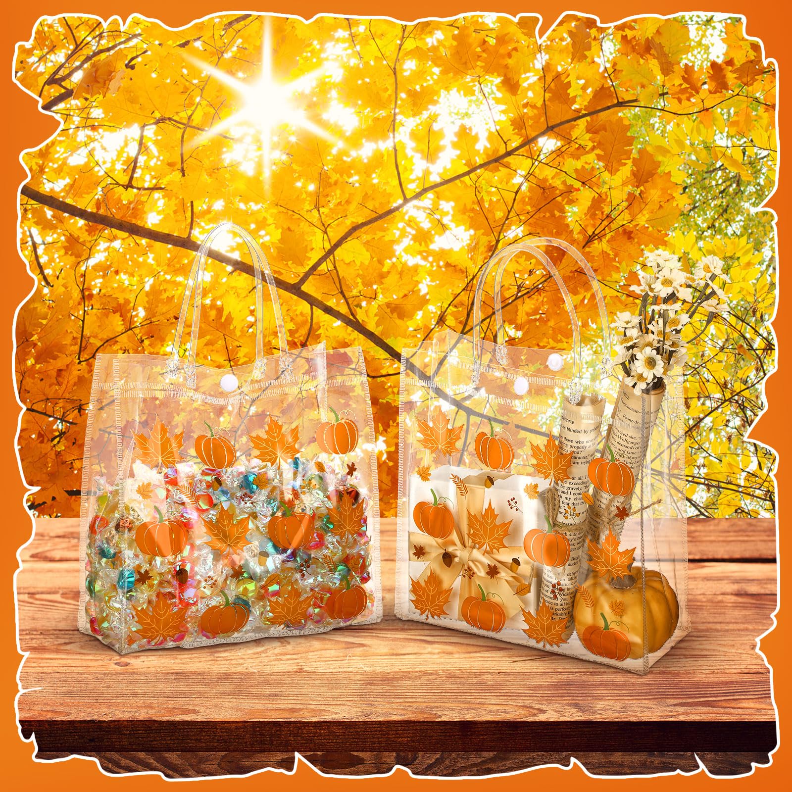 12/24 Pcs Halloween Candy Bags with Handles PVC Treat Bags Bulk Pumpkin Ghost Black Cat Halloween Fall Pattern for Kids Adults Neighbors Coworkers Classmates Halloween Party Summerween Birthday Party Thanksgiving Dinner Autumn Harvest Party Favors