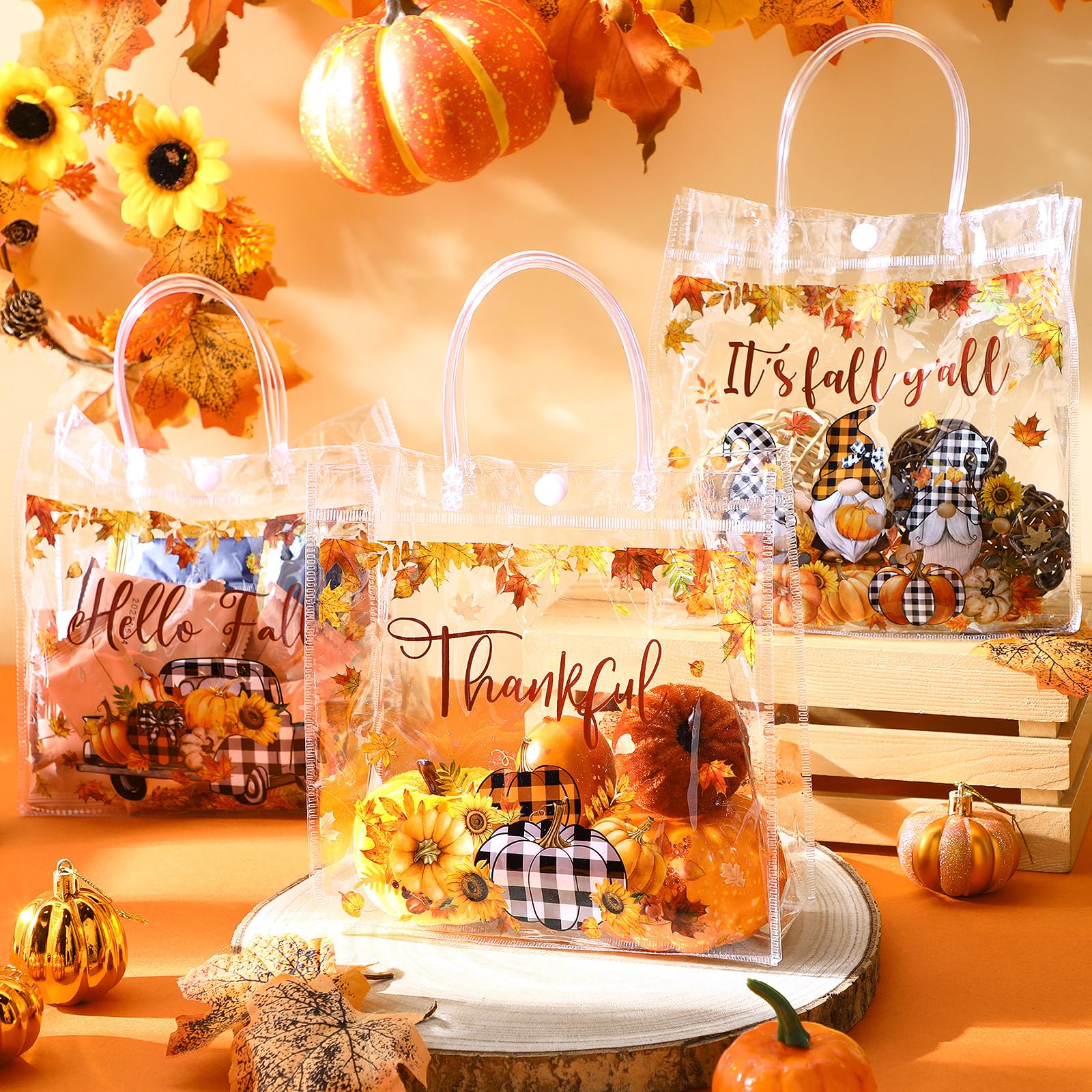 12/24 Pcs Halloween Candy Bags with Handles PVC Treat Bags Bulk Pumpkin Ghost Black Cat Halloween Fall Pattern for Kids Adults Neighbors Coworkers Classmates Halloween Party Summerween Birthday Party Thanksgiving Dinner Autumn Harvest Party Favors