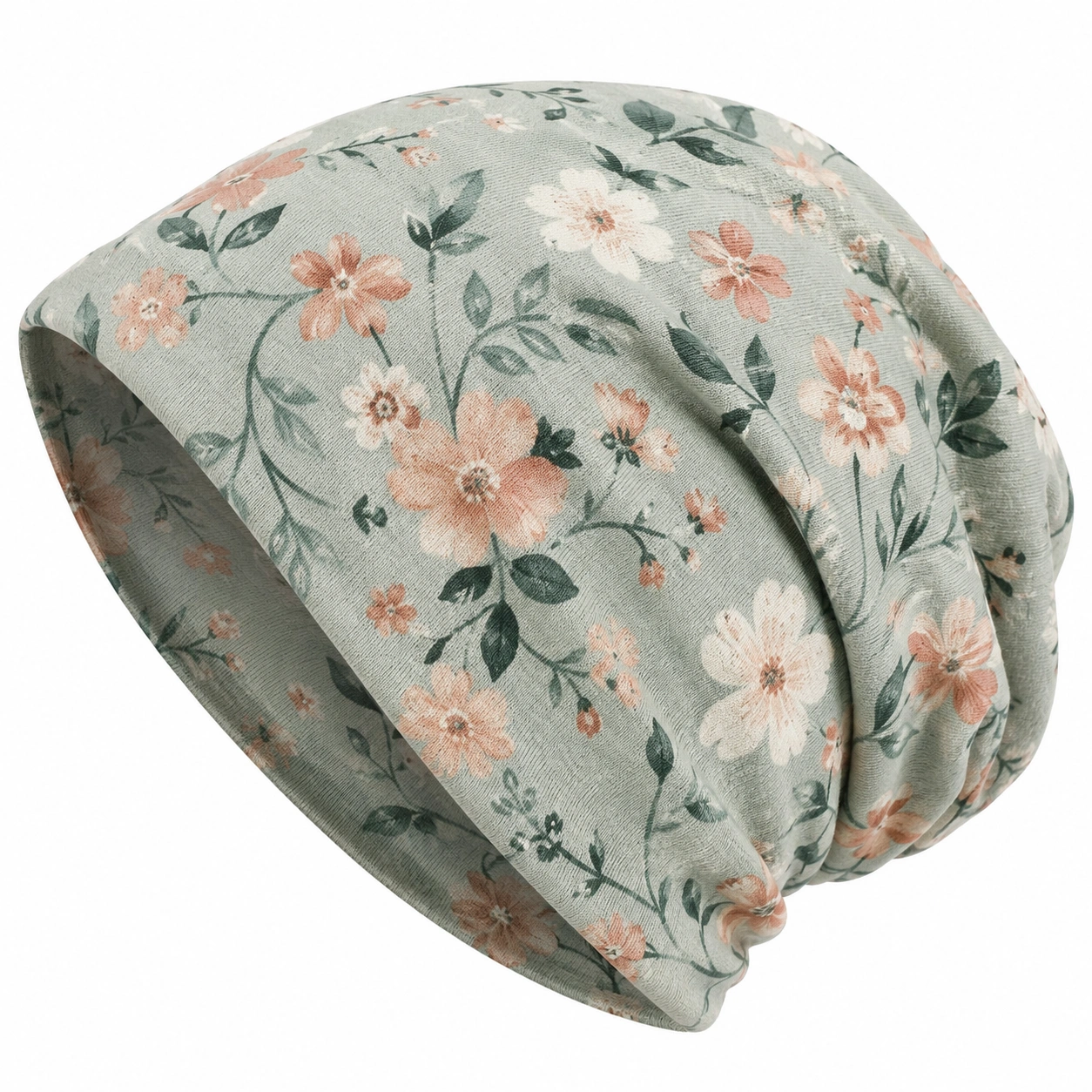 Czapka Beanie z Kwiatowym Wzorem Szaro-Brzoskwiniowa-Roo Mda Xis