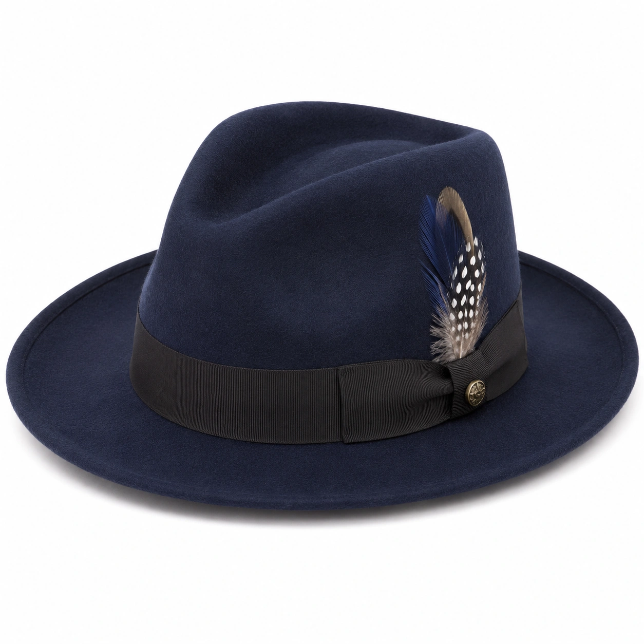 Granatowy kapelusz fedora z ozdobnym piórem-Roo Mda Xis