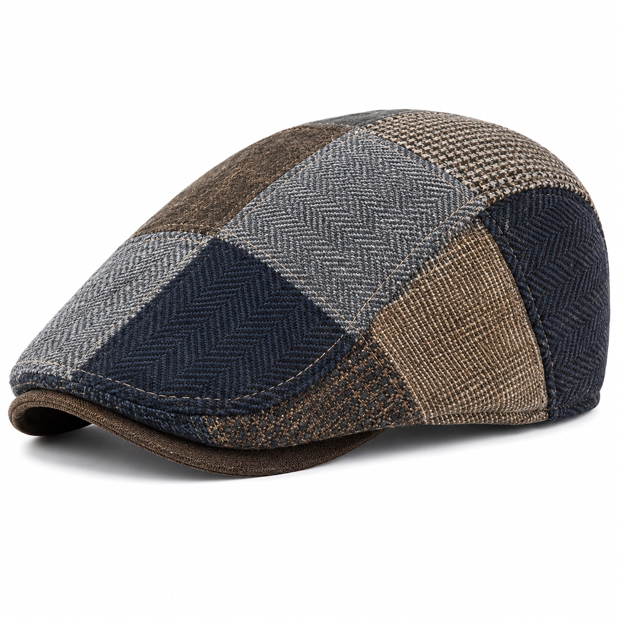 Męska czapka kaszkietowa patchwork, niebiesko-brązowo-szara-Roo Mda Xis