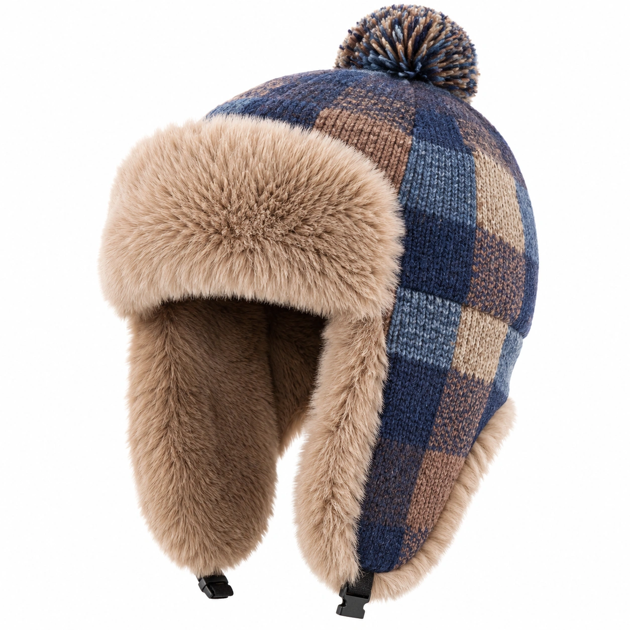 Czapka uszatka w kratę brązowo-niebieska z pomponem-nestzex is