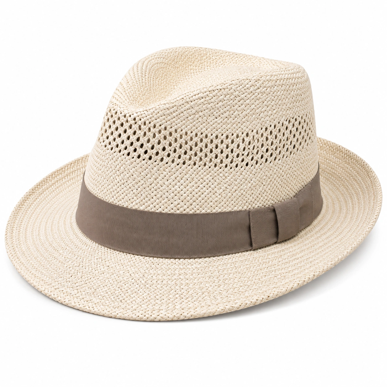 Beżowy kapelusz Fedora z brązową wstążką i szerokim rondem-nestzex is