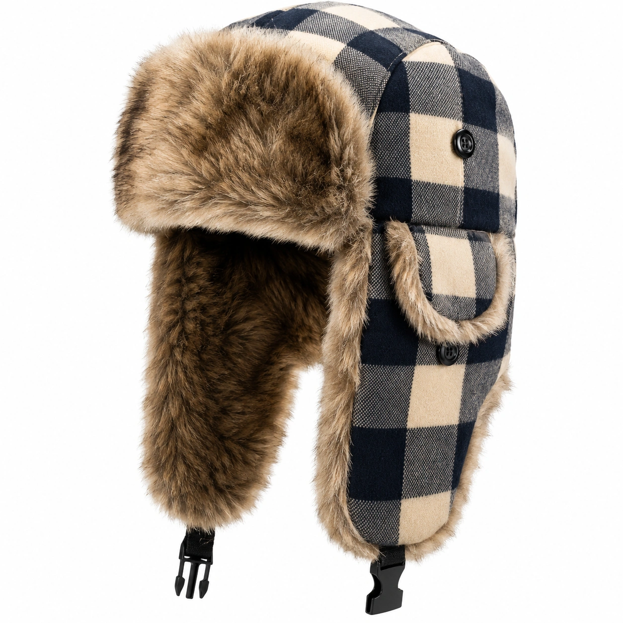 Czapka Uszanka Kratka Brązowo-Szara Zimowa Unisex-ROOMNARIS