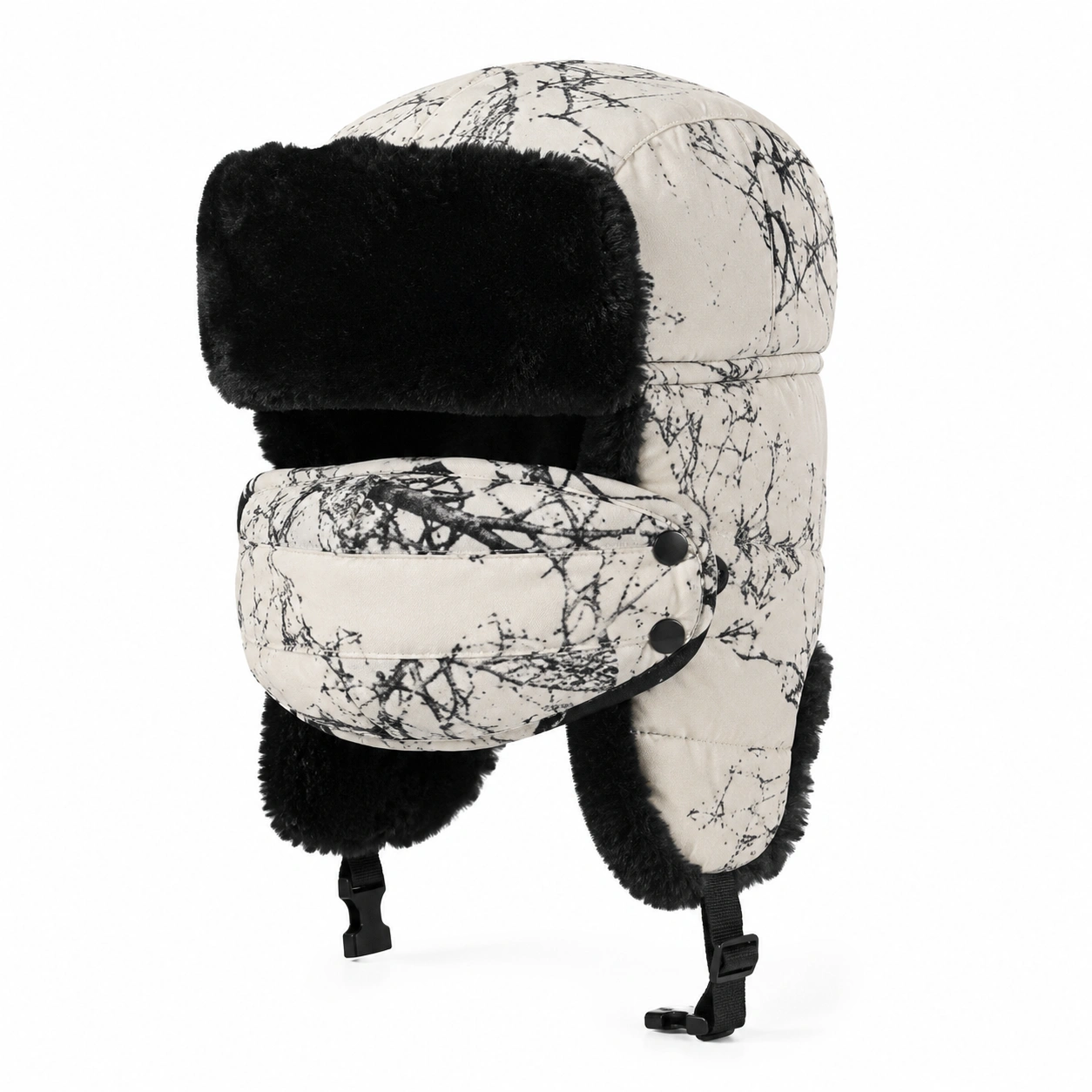 Czapka Ushanka Zimowa Biało-Czarna z Wzorem-ROOMNARIS