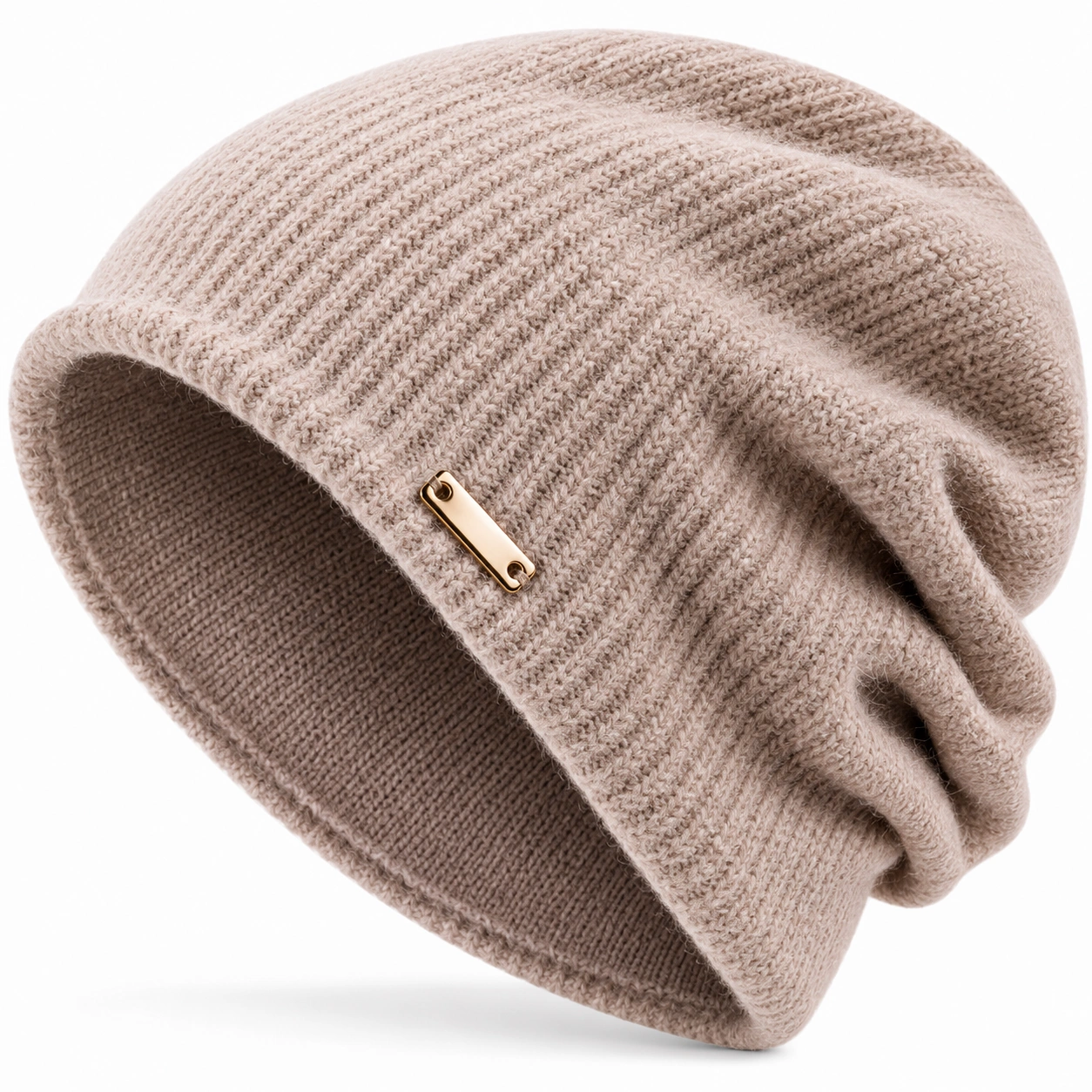Beżowa czapka zimowa unisex z dzianiny-ROOMNARIS