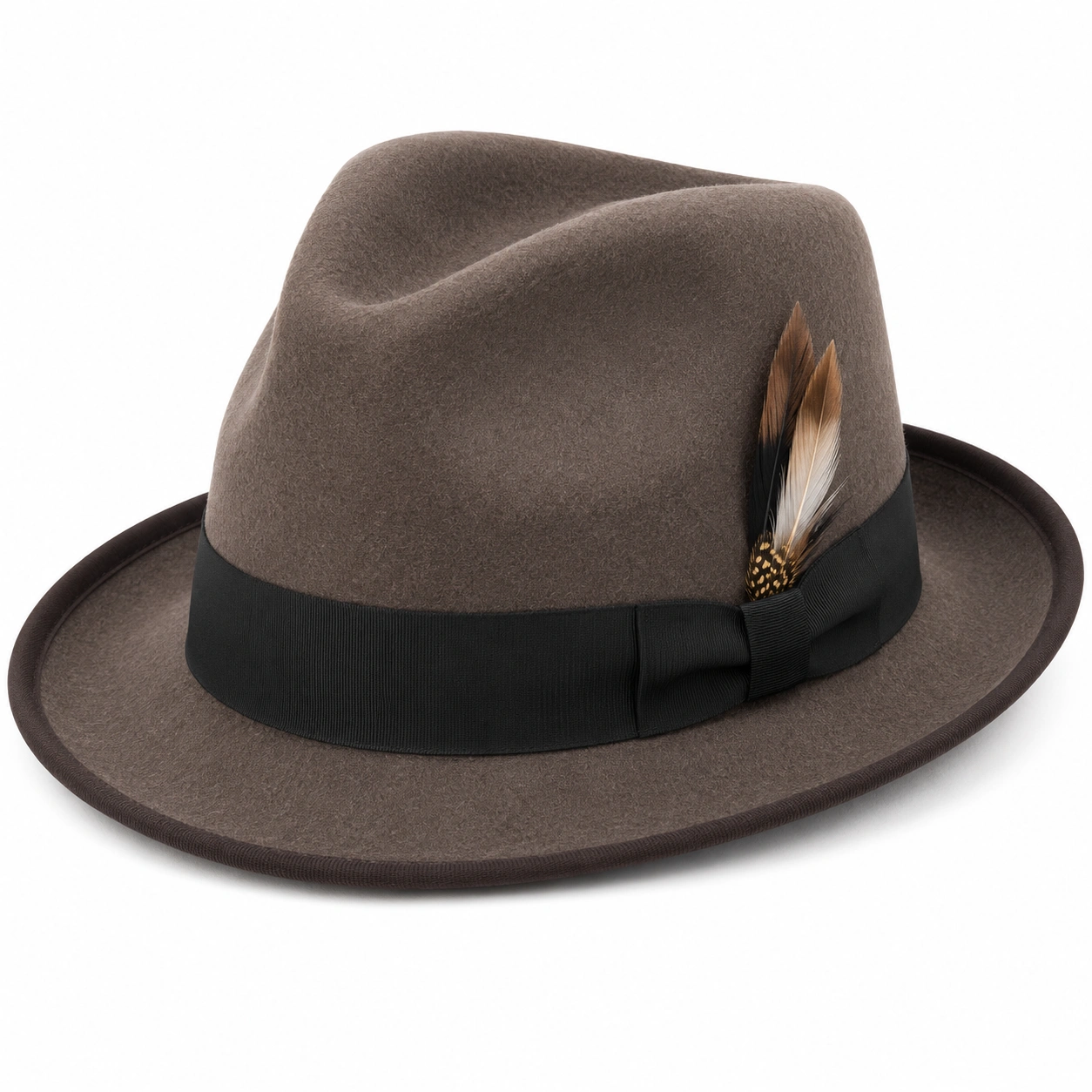 Brązowy kapelusz Fedora z ozdobnym piórem-ROOMNARIS